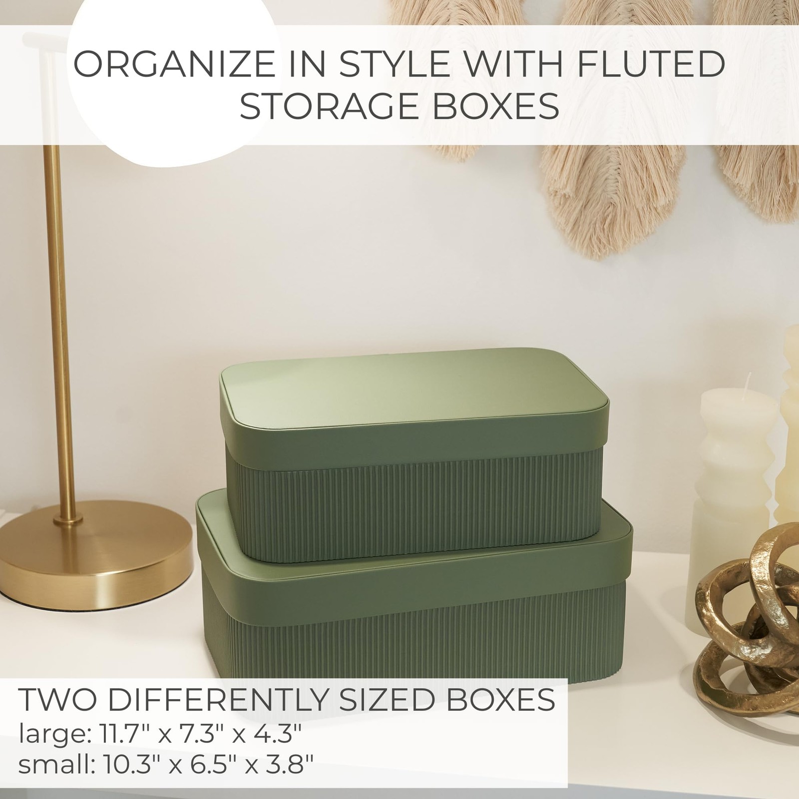 Decorative Storage Boxes with Lids, Set of 2 Fluted Cardboard Organizers