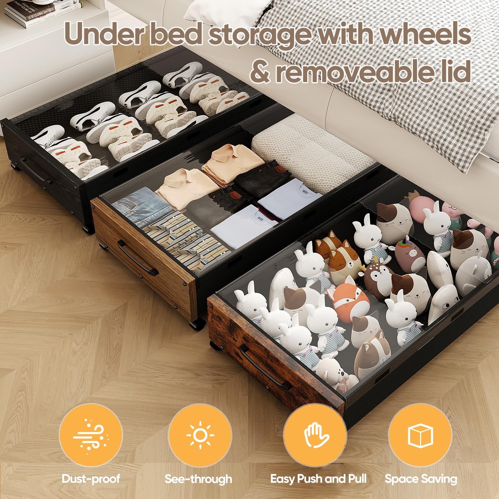 KITHELP Wooden Under Bed Storage with Wheels 80L 2 Pack Removable Lid