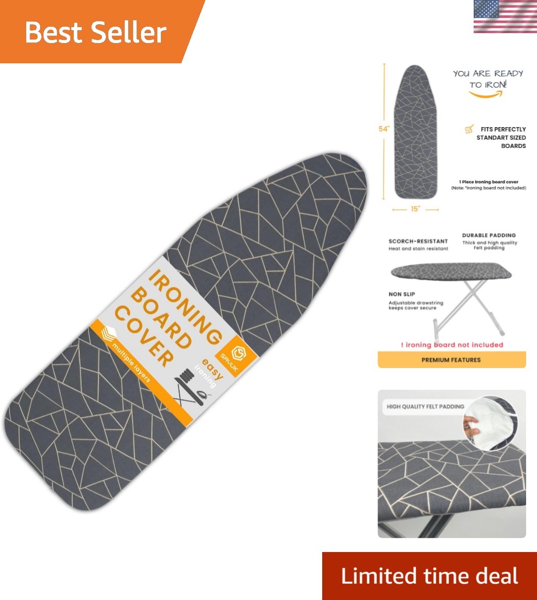 Ironing Board Cover and Pad Standard Size 15×54 inch Extra Heavy Duty Thick P…