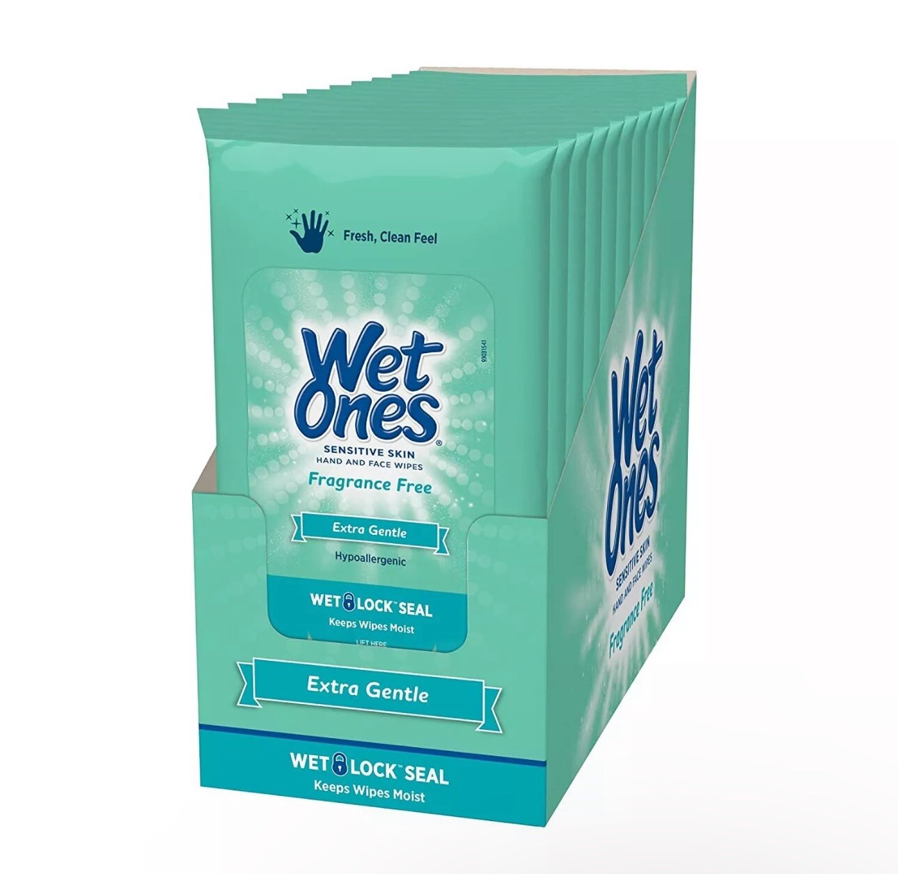 Wet Ones Sensitive Skin Hand & face Wipes Extra Gentle Fragrance Free 10 Packs