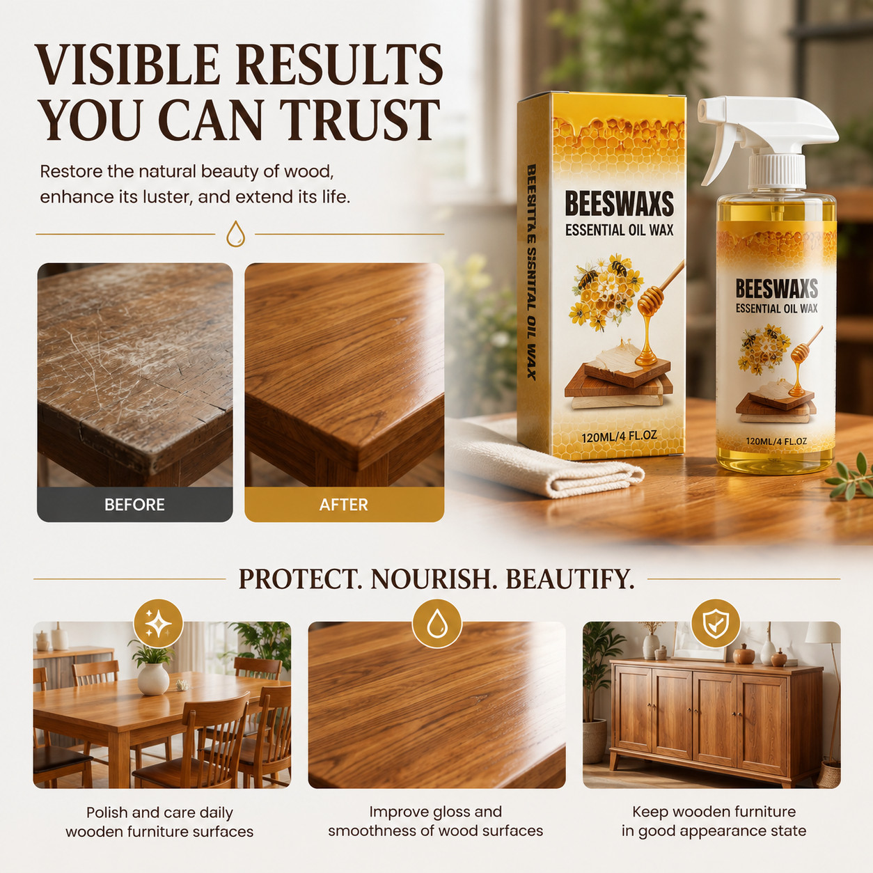 Beeswax Spray Essential Oil Wax,Multi-Purpose Furniture Polish,Wood Care Spray