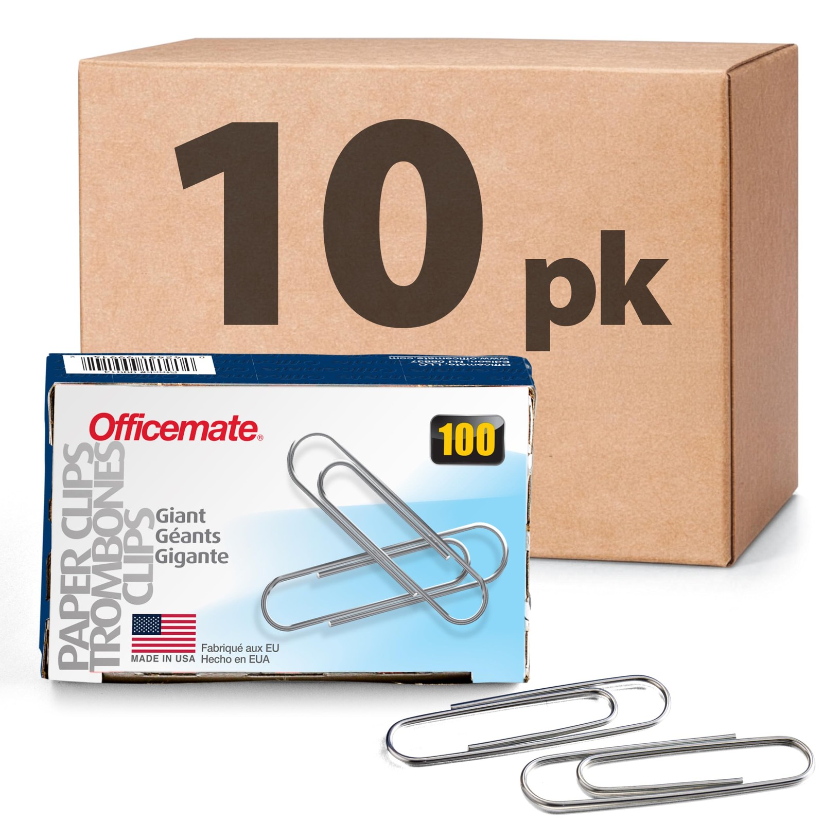 Officemate Giant Paper Clips, Pack of 10 Boxes 100 Clips Each 10, Silver