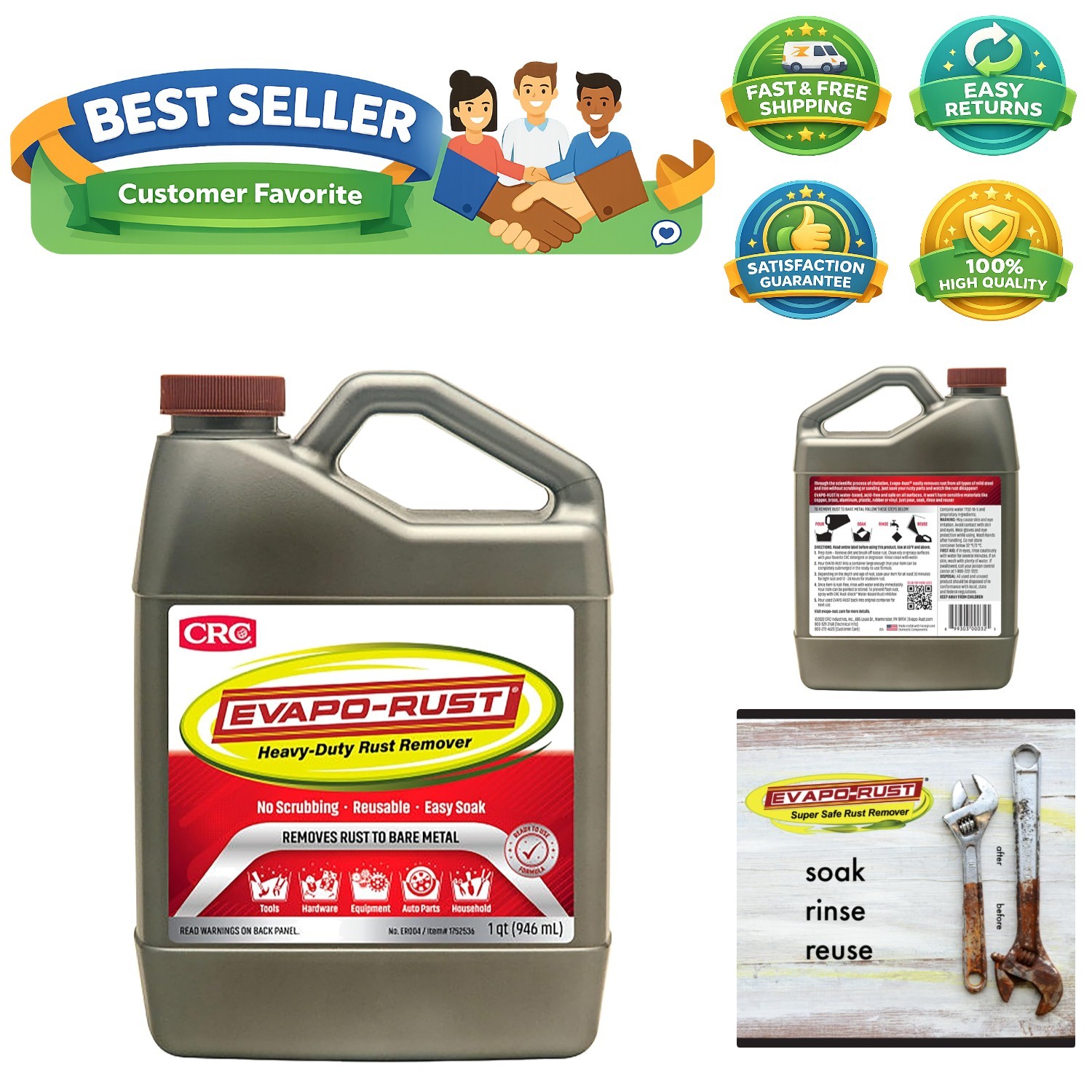 CRC Evapo-Rust, Heavy-Duty Rust Remover, Reusable, Acid-Free, Non-Corrosive, …