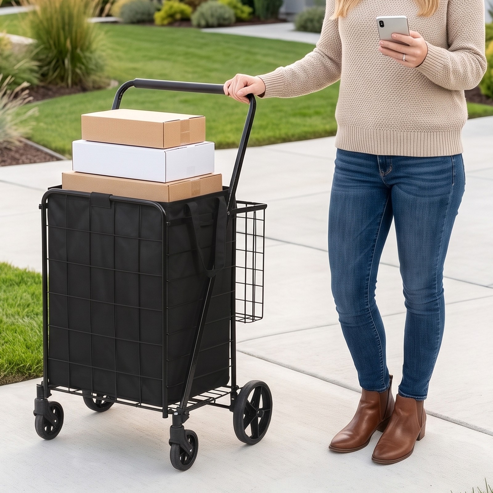 Collapsible Rolling Grocery Cart 88LB Load Capacity w/ Oxford Cloth Liner Black