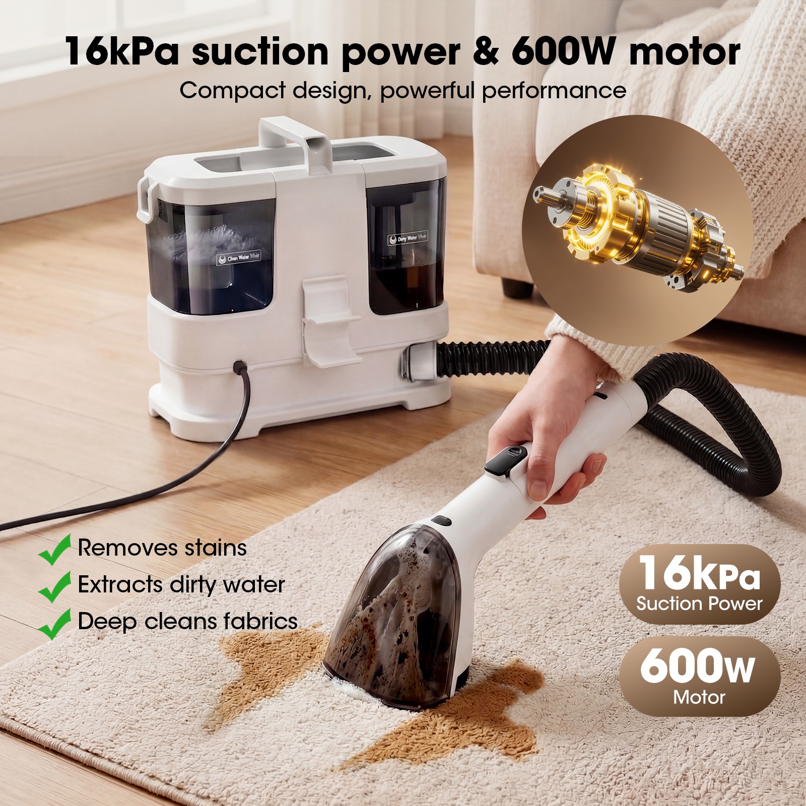 16000Pa Portable Carpet Cleaner Machine Upholstery Cleaner Spot Cleaner Compact