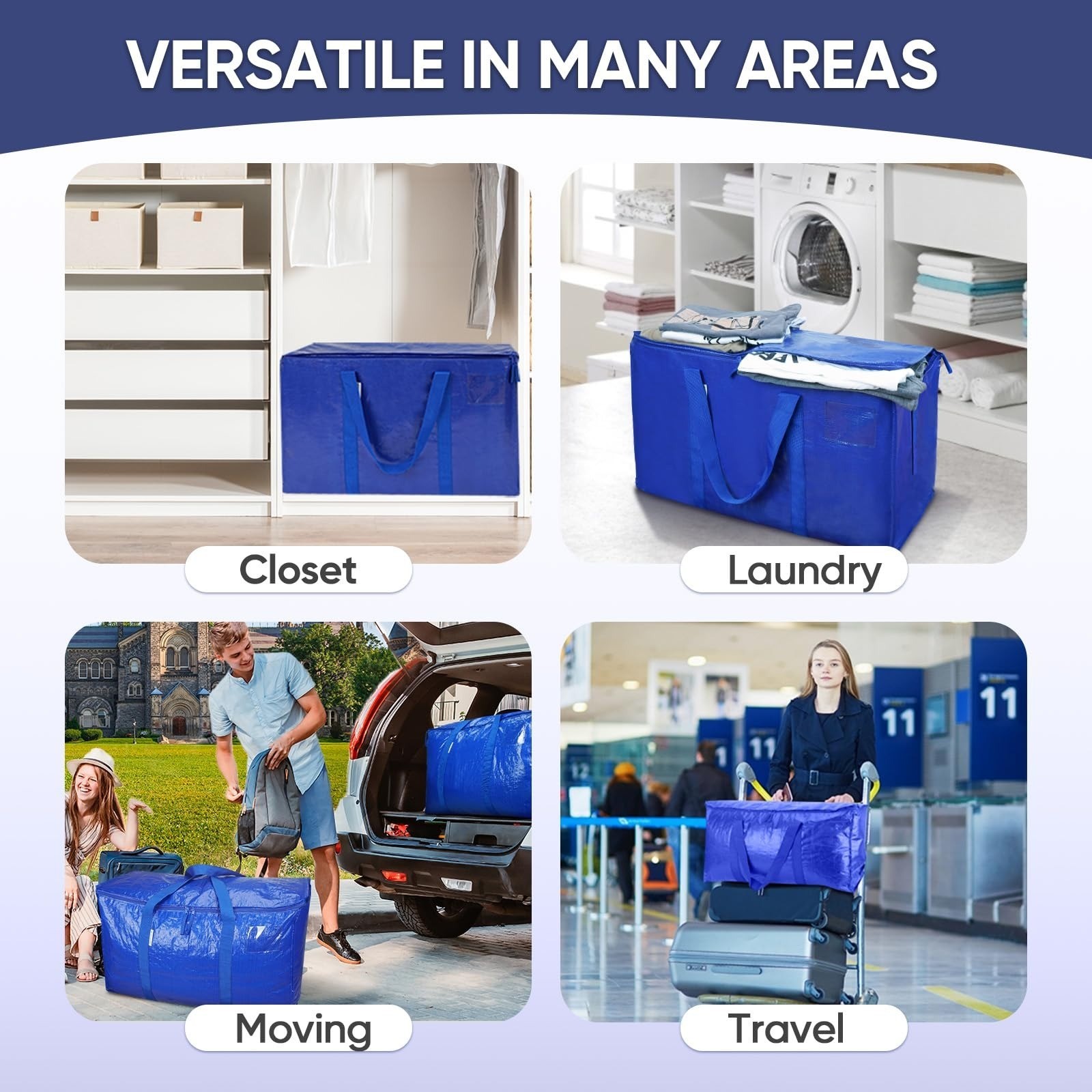 4 Pack Extra Large Moving Bags with Zippers & Handles – Heavy Duty Storage