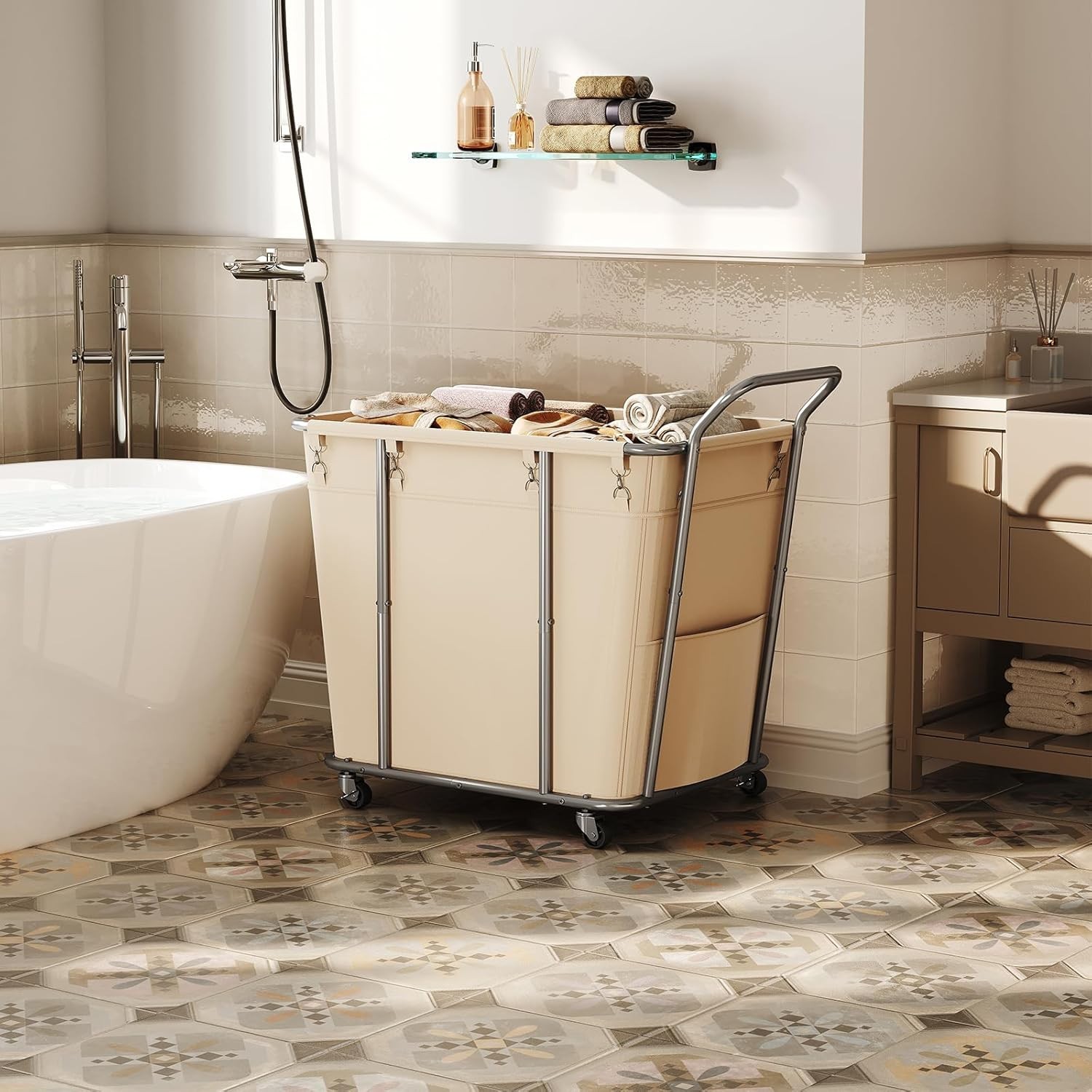 Laundry Sorter Basket Large 313L Rolling Hamper Organizer on Wheels Beige