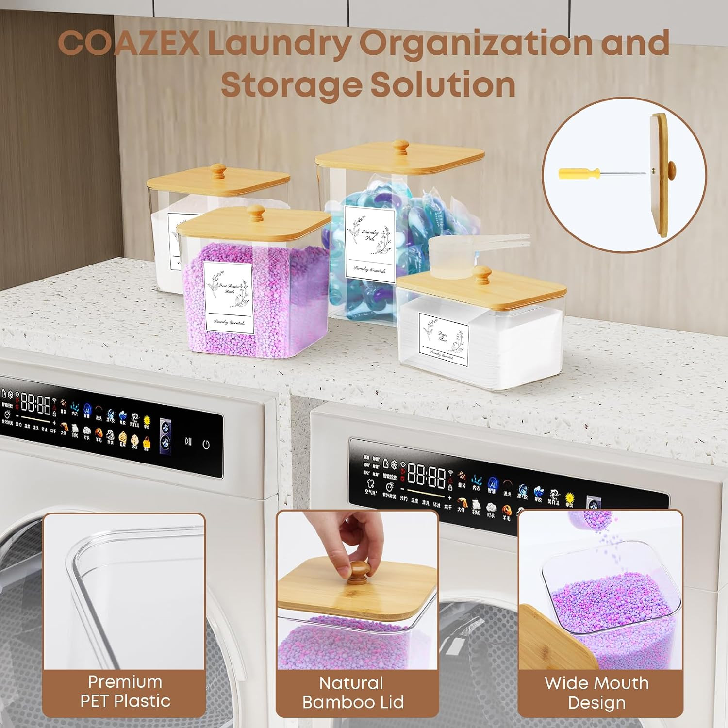 4 Pack Clear Laundry Pods Container & Dryer Sheet Holder,Bamboo Lids | Clear Squ