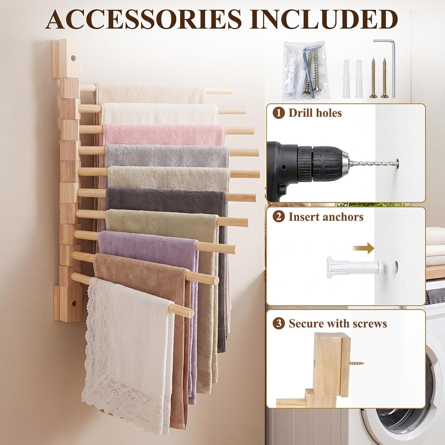 Wall Mounted Wooden Trouser Rack 10-Rod 13.8In Wooden Poles Hanging Organizer