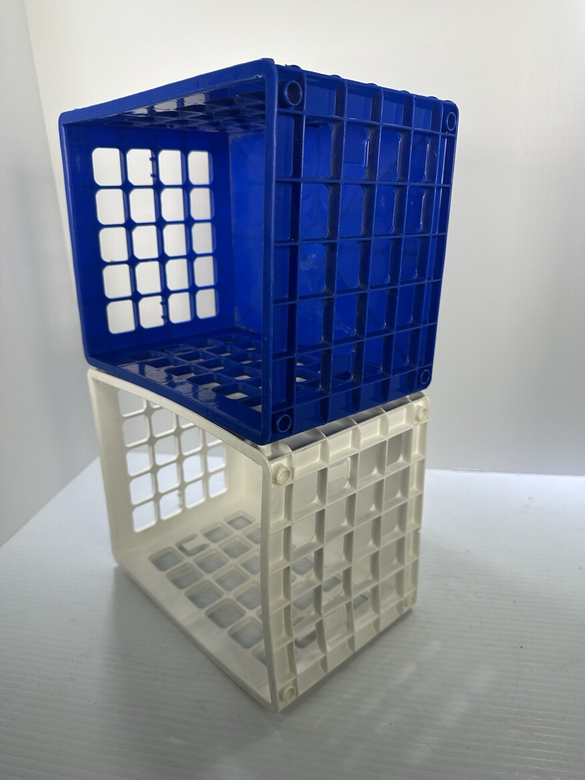 Yaffa Blocks Storage Crate Bin Stackable Set Of 2 Small Mini White Blue Desk 9”