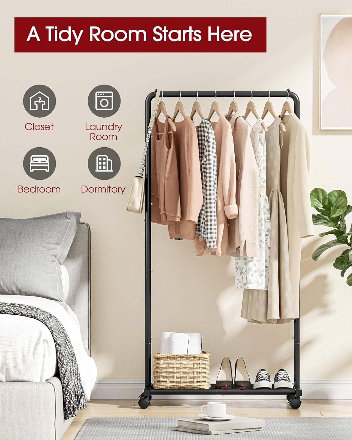 Clothes Rack – Clothing Rack with Storage Mesh Shelf & Casters, Heavy-Duty Metal
