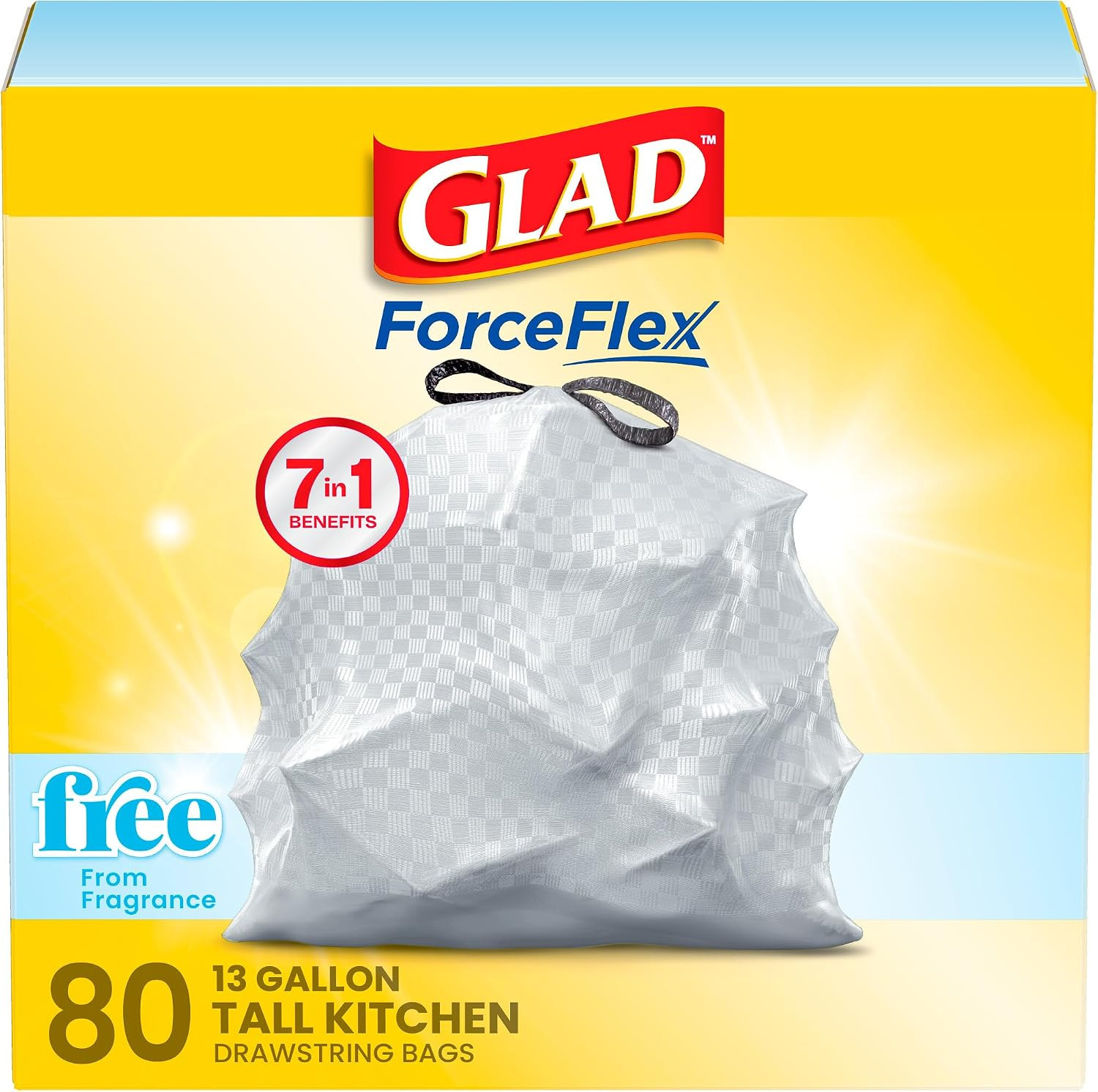 Glad Forceflex Tall Kitchen Drawstring Trash Bags, 13 Gal, Fragrance Free, 40 Ct