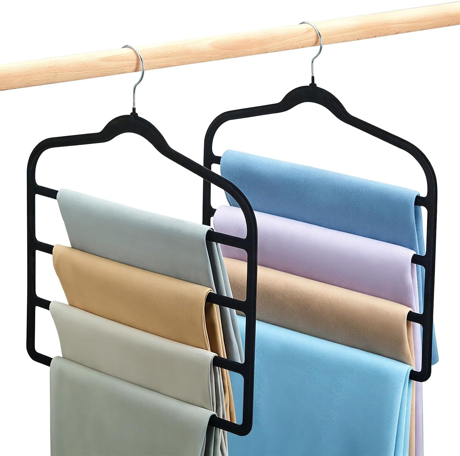 Pants Hangers Space Saving, 2 Pack Velvet-Coated Plastic Multi-Layer
