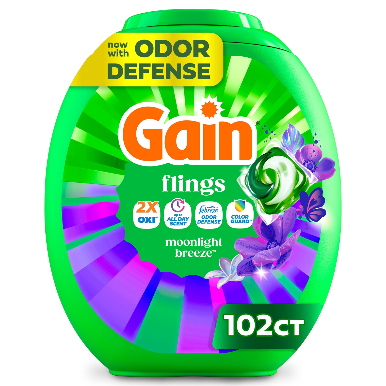 Gain Flings Laundry Detergent Pods 102 Count Oxi Boost Febreze Moonlight