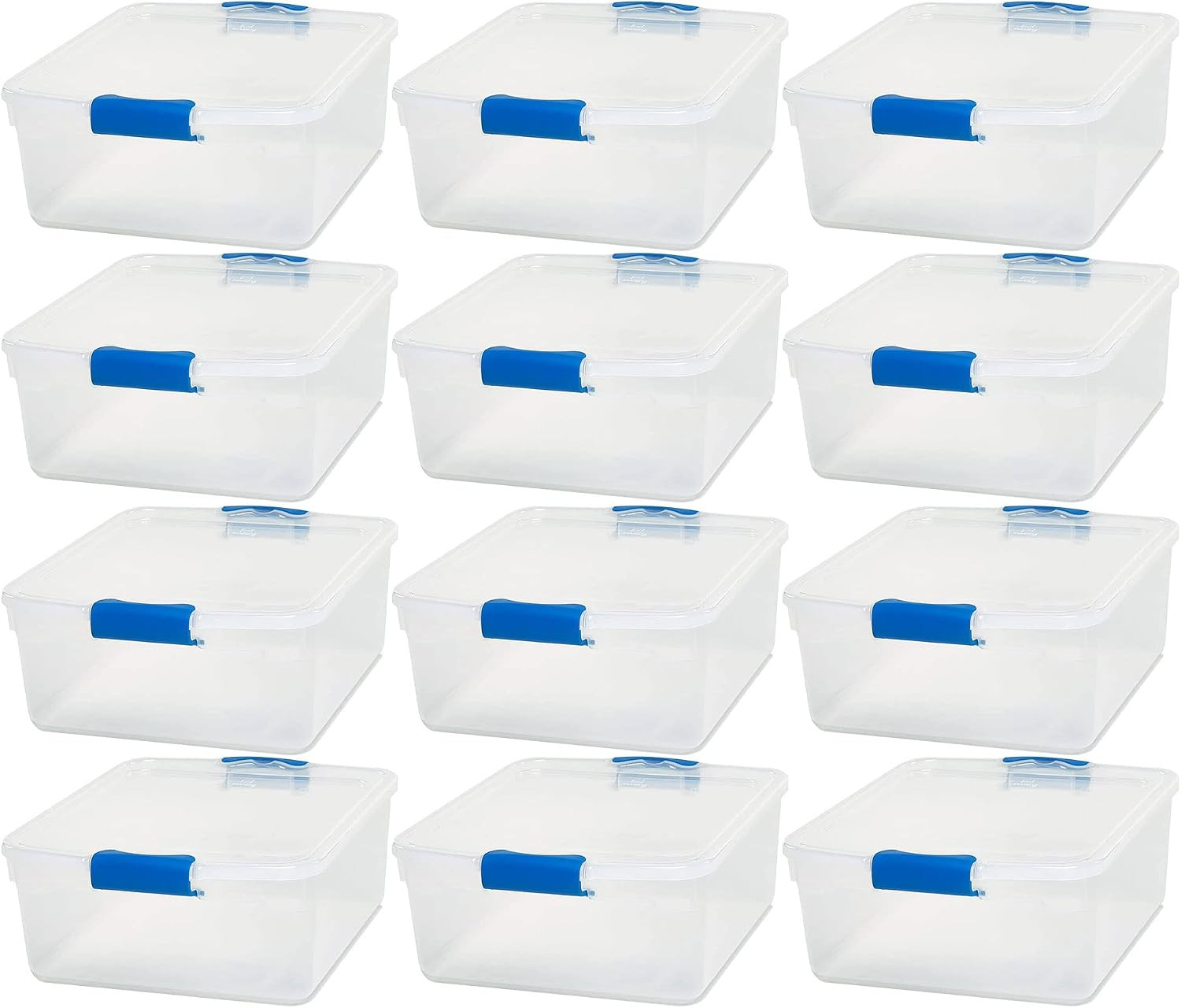 12-Pack Secure Latch, Clear Plastic Storage Organizer Bins, 15.5 Quart, Blue – S