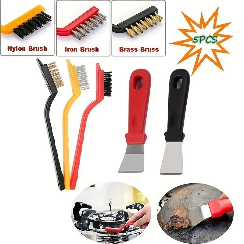 5 Pcs Kitchen Cleaning Brush Set with Gas Stove Scraper and Wire Brush for Oil