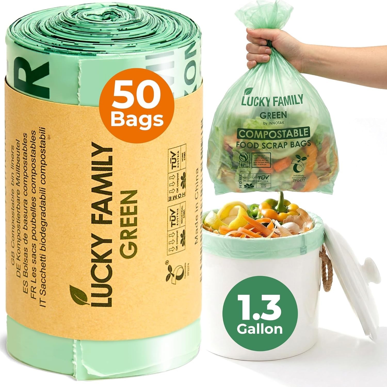 BPI Certified Compost Bags 1.3 Gal – 50 Count, Extra Strong and Eco-Conscious