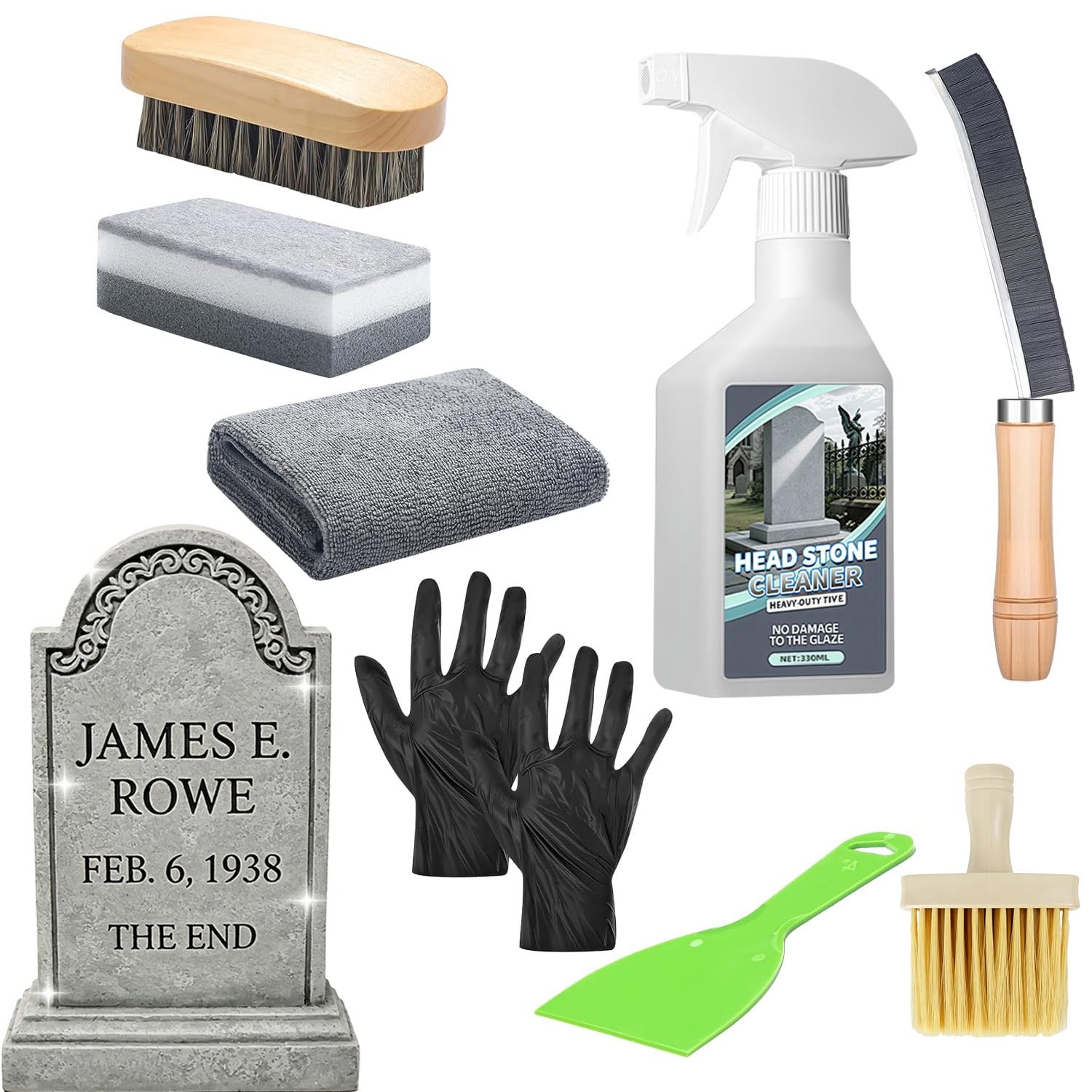 Headstone Cleaner Kit 9 PCS Includes Brush, Gloves, Scraper – Daily Cleaning