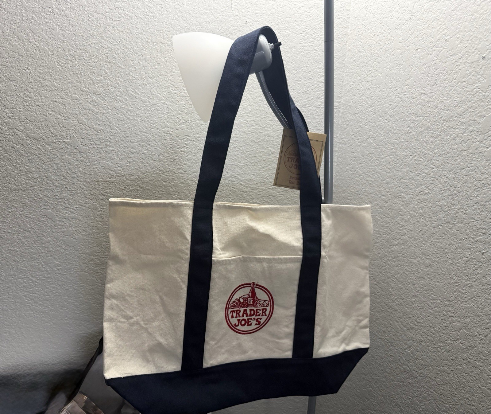 Trader Joe’s Reusable Tote Bag Cotton Polyester White Navy Blue Large Foldable