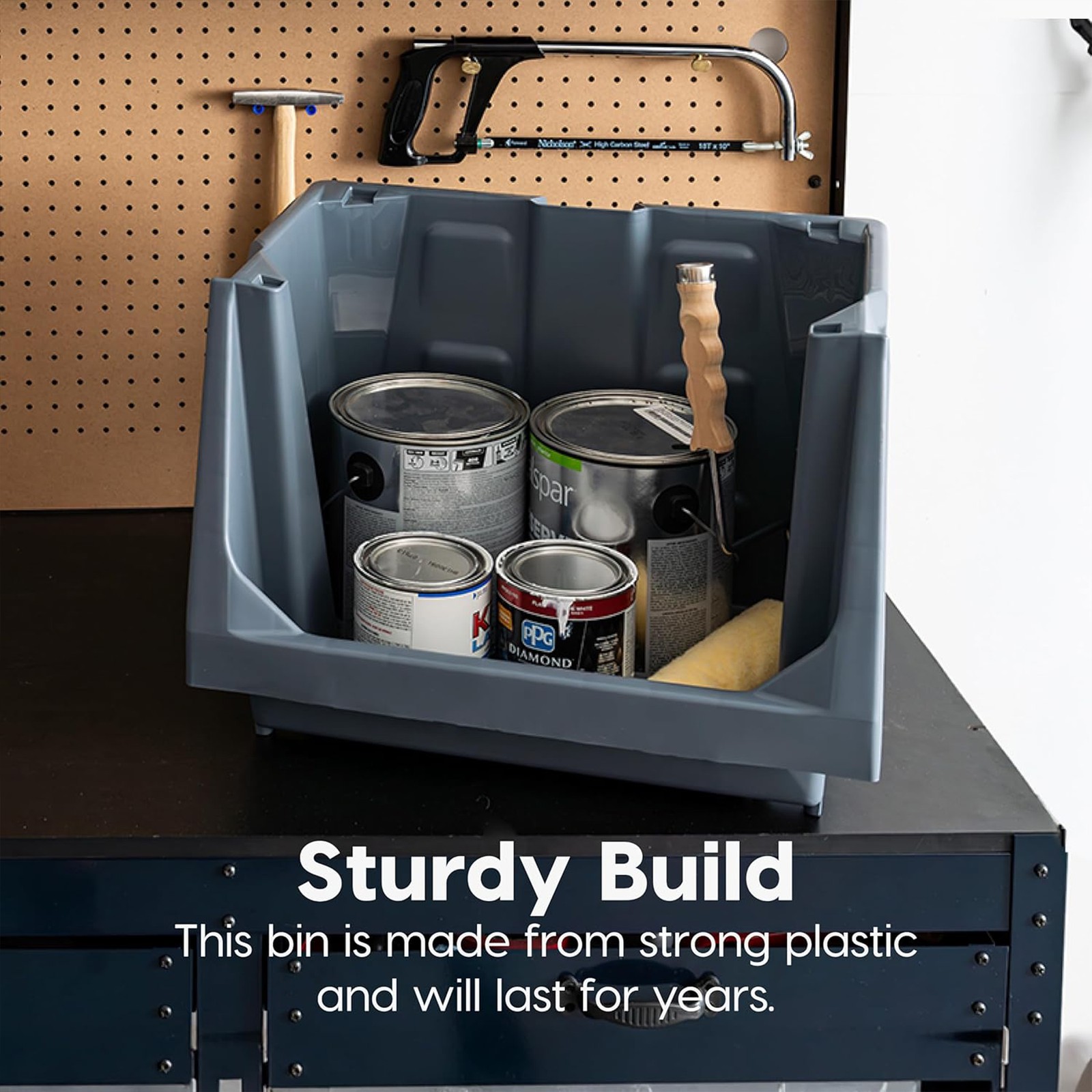 IRIS USA Open Front Storage Bins, Heavy Duty Stackable Bins, 3 Pack, Dark Gray