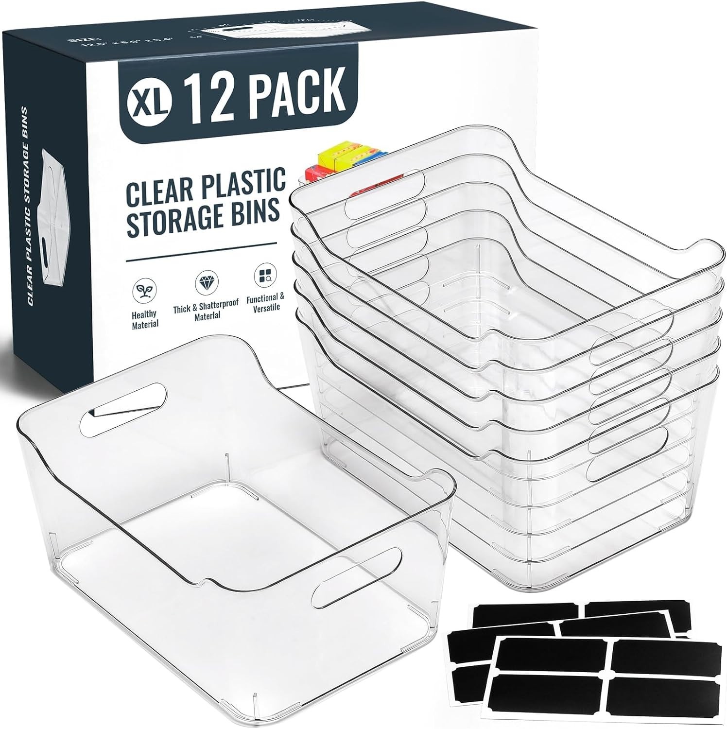 Landneoo XL Storage Bins Clear Thick Plastic Shatterproof w/ Labels (12-Pk)