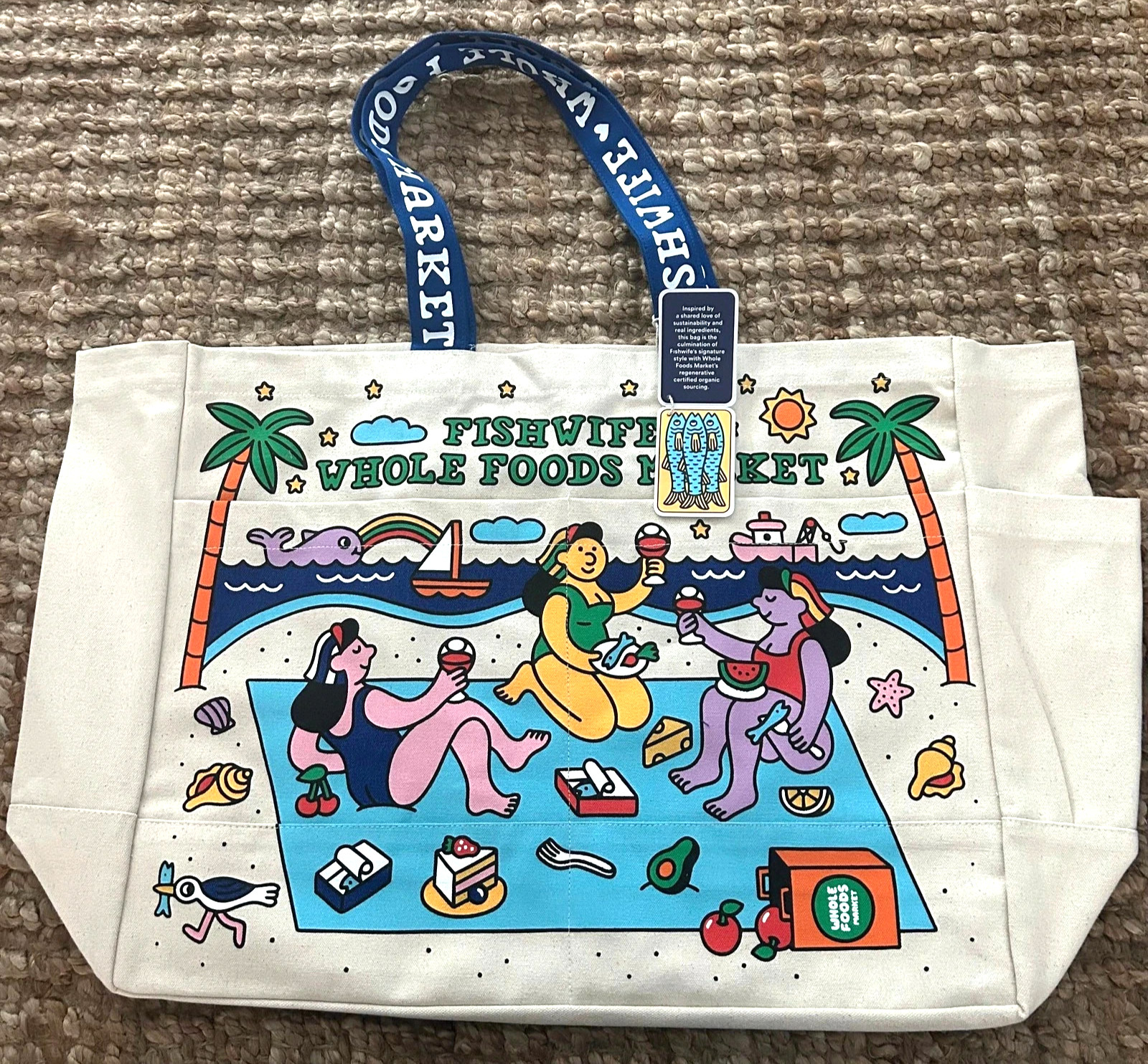 Whole Foods Market Fishwife Canvas Tote Beige/Blue Handles LARGE
