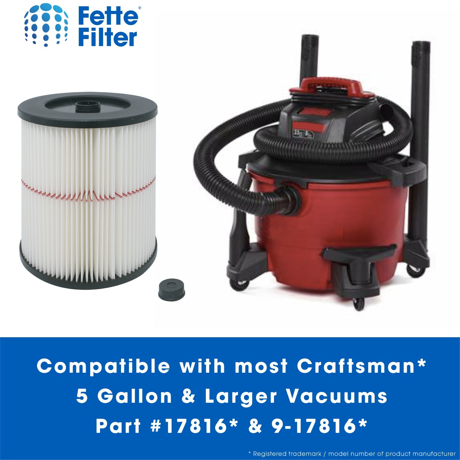 2 General Purpose Cartridge Filters Compatible with Craftsman Red Stripe Vacuums