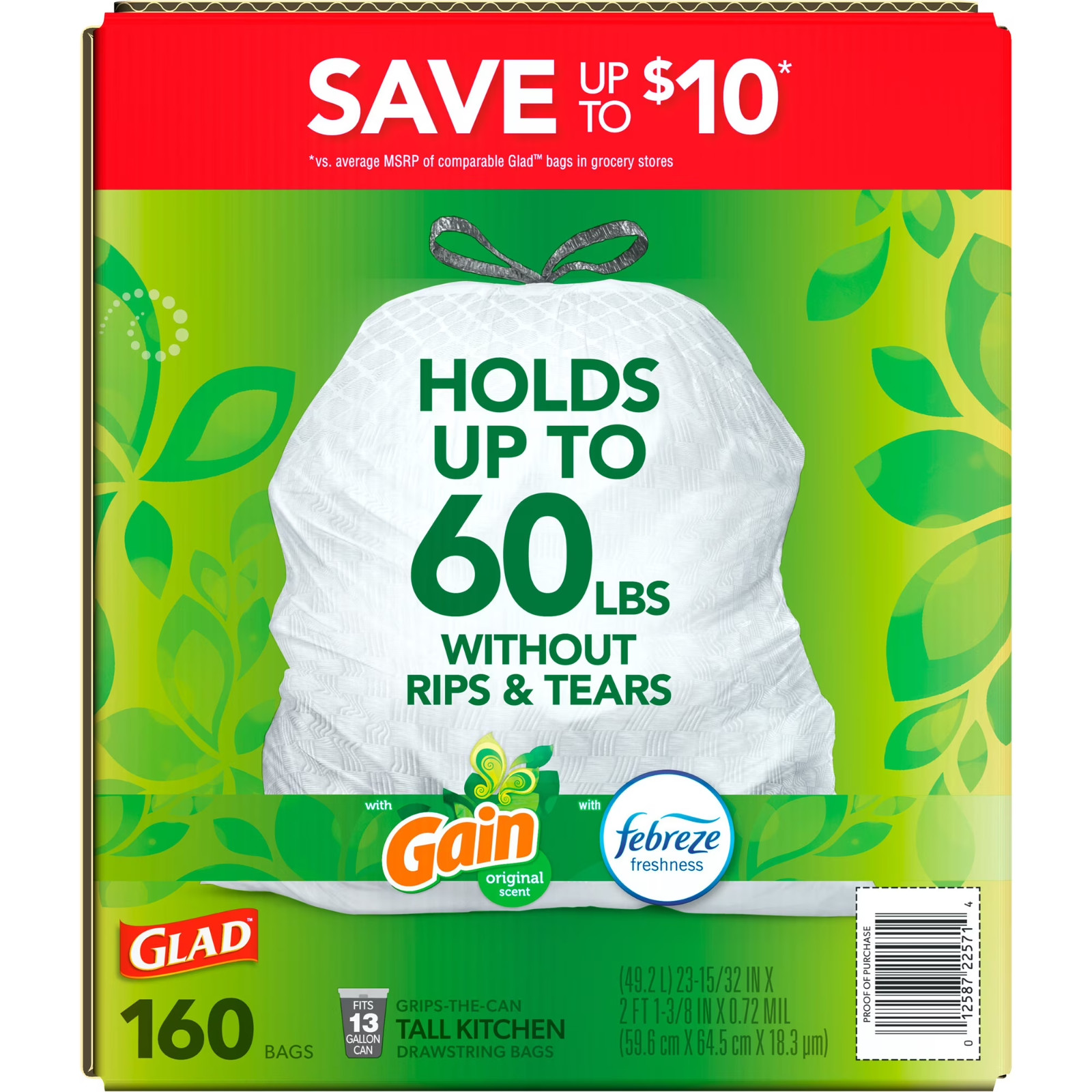 Glad ForceFlex 13 Gallon Tall Kitchen Trash Bags Gain, Original Scent, 160 Count