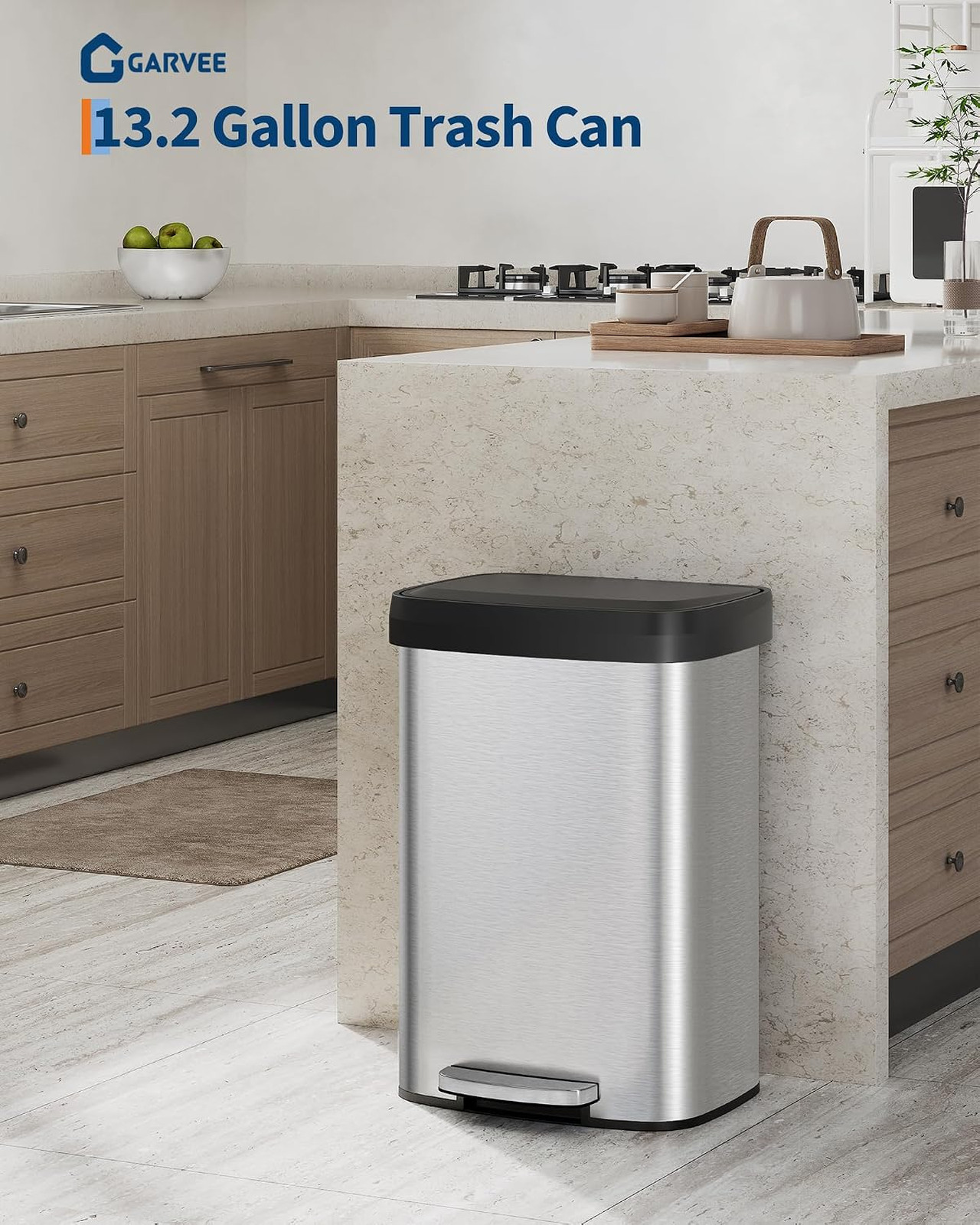 13 Gallon Stainless Steel Kitchen Trash Can with Lid, Rustproof Step-on Garbage
