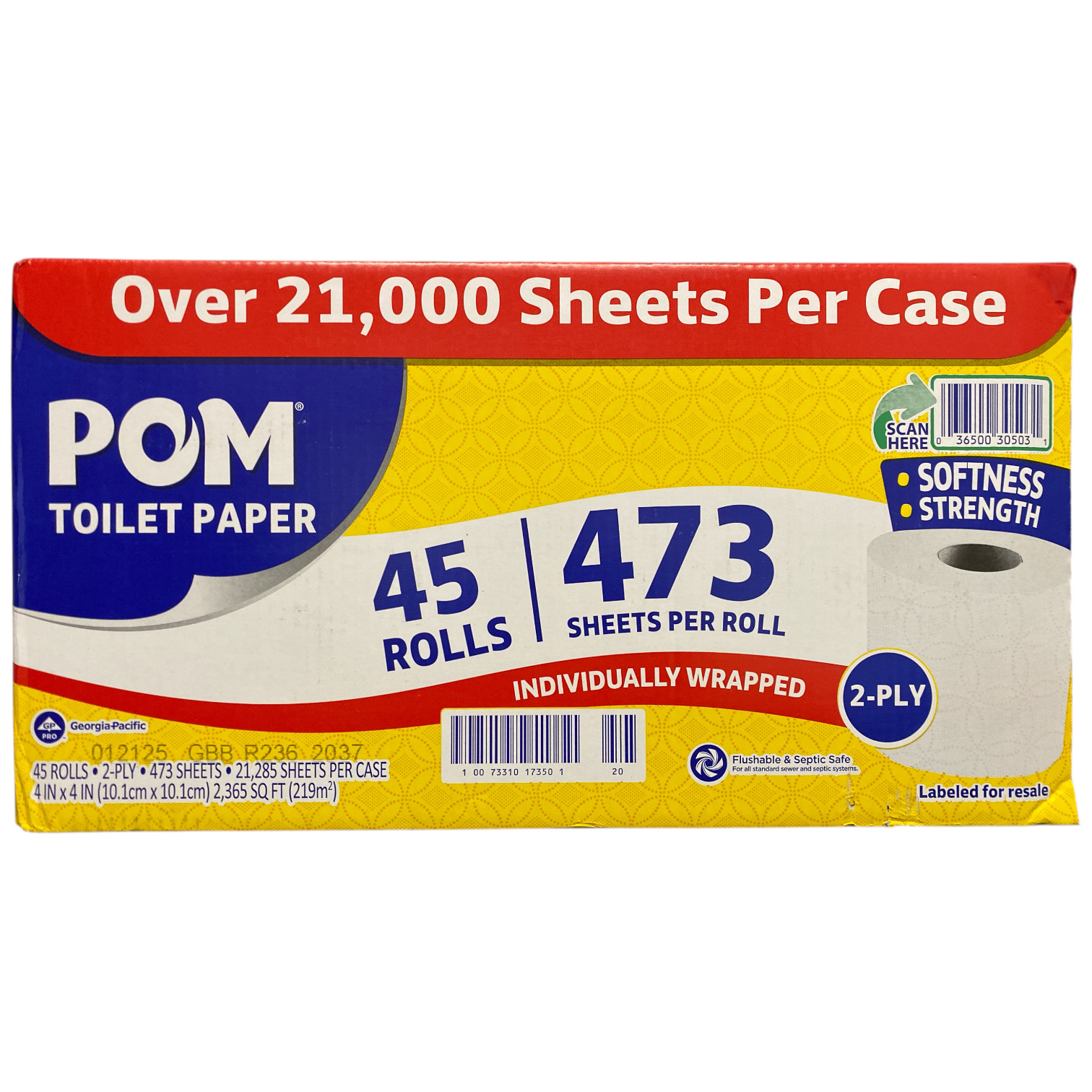 POM Bath Tissue, Septic Safe, 2-Ply, White, 473 sheets/roll, 45 rolls