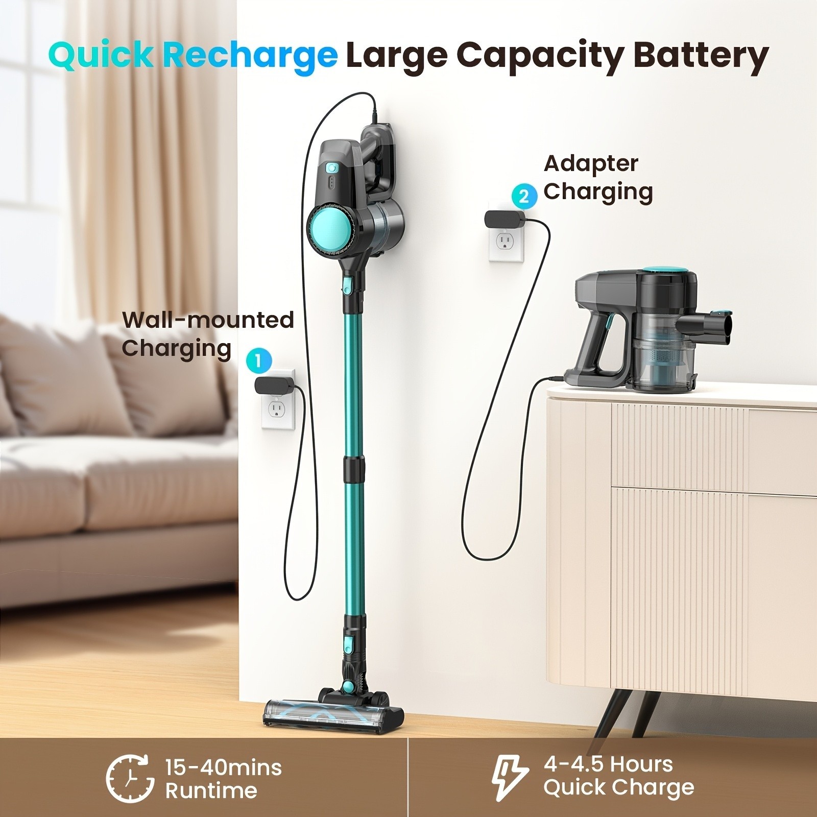2200mAh POWEART N3 Cordless Vacuum Cleaner for home, Powerful LED Floor Brush Va