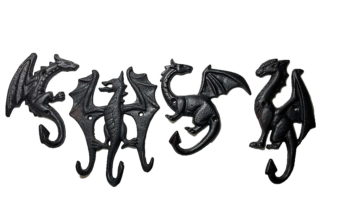 Set of 4 Cast Iron Dragon Wall Hooks – Matte Black, Rustic Primitive 5″-6.75″ H
