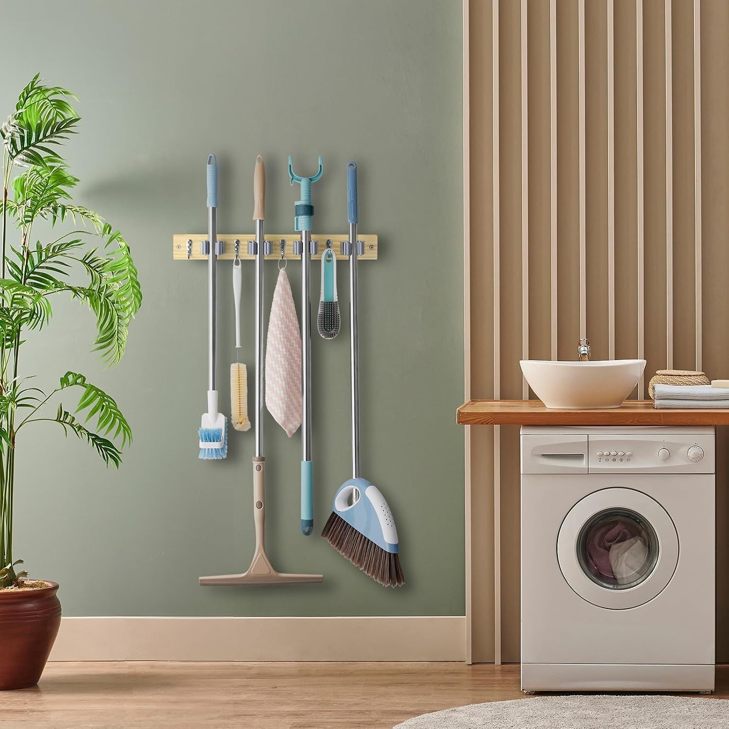 Mop and Broom Holder Wall Mount – Light Wood Broom Mop Hanger – Wall Mounted …