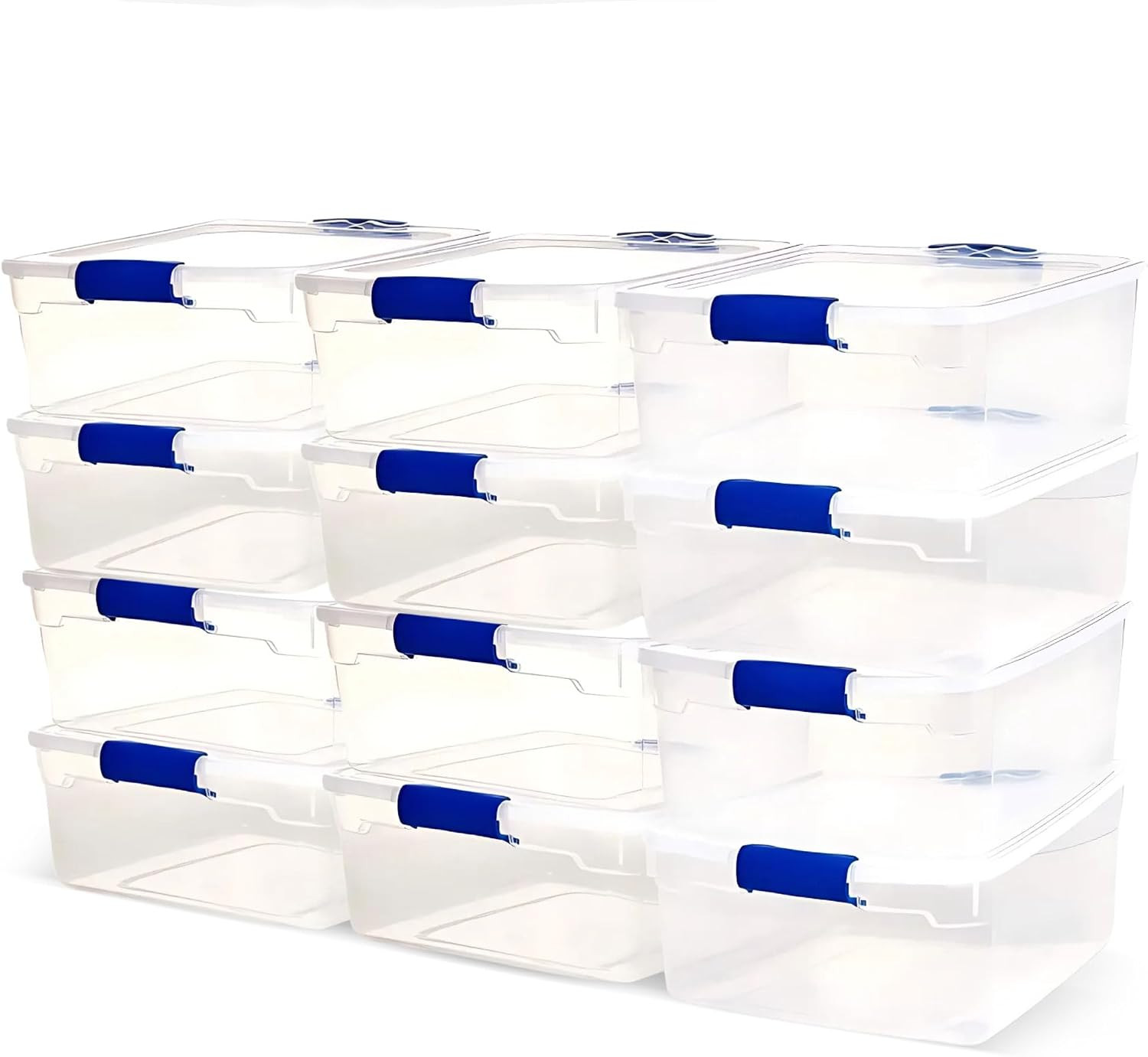 12-Pack Secure Latch, Clear Plastic Storage Organizer Bins, 15.5 Quart, Blue – S