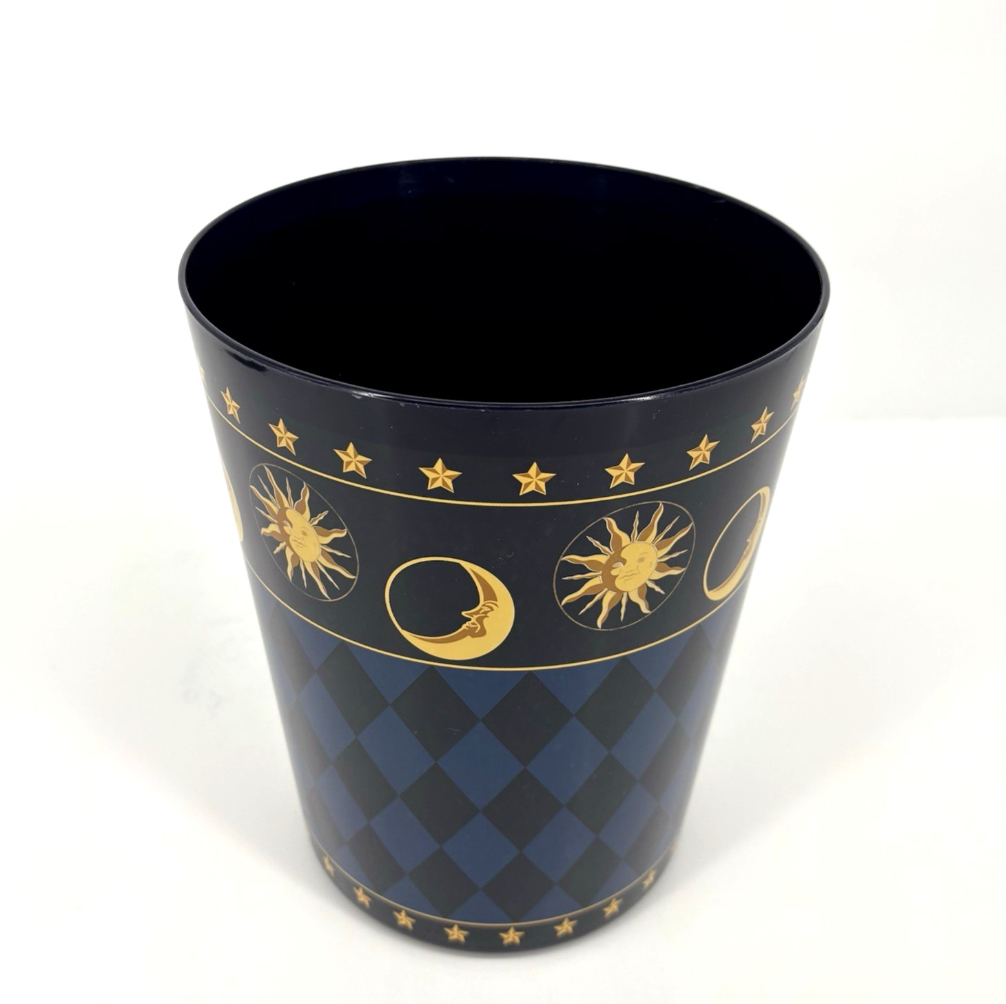 Celestial Night Sky Waste Basket Trash-Can Moon Star Sun Navy Blue VTG