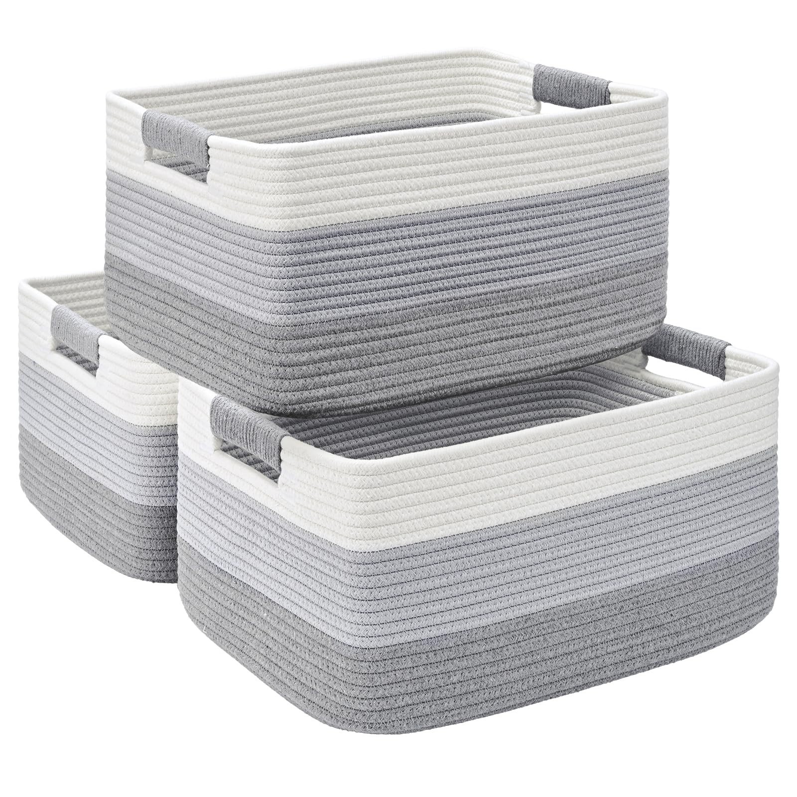 Large Woven Storage Baskets – 3 Pack, 17.5″x13″x7″, Cotton Rope Organizers for C