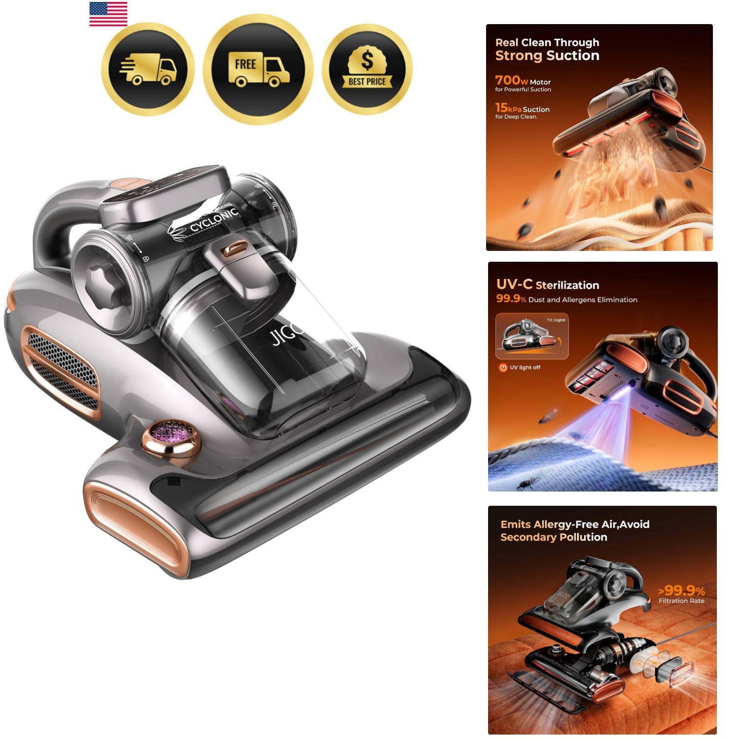 T600 Bed Vacuum Cleaner with UV-C Light, 15Kpa Suction 700W Powerful Double C…