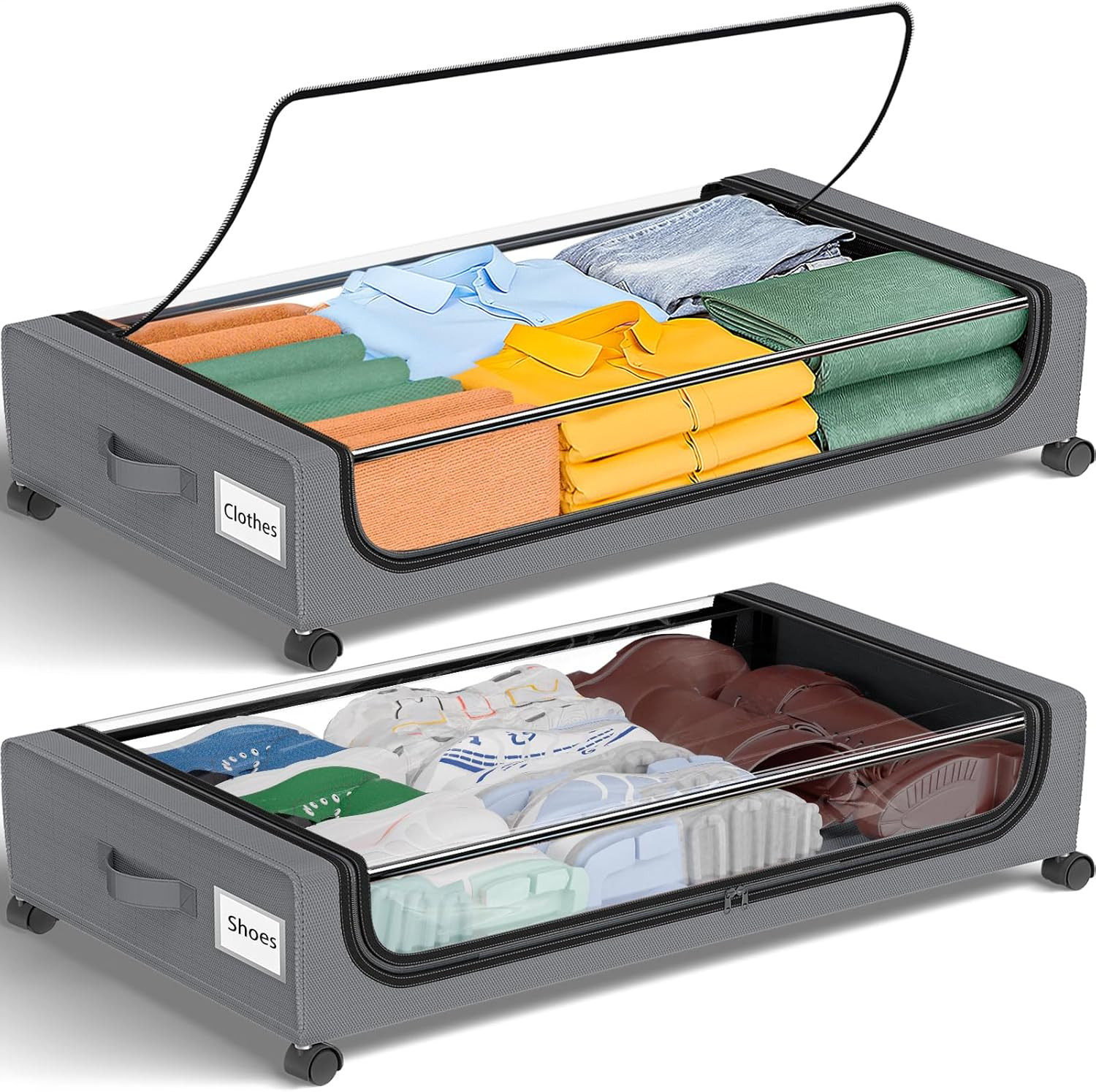 under Bed Storage with Wheels 48L Grey 2-Pack | Rolling Bins for Shoes Clothes i