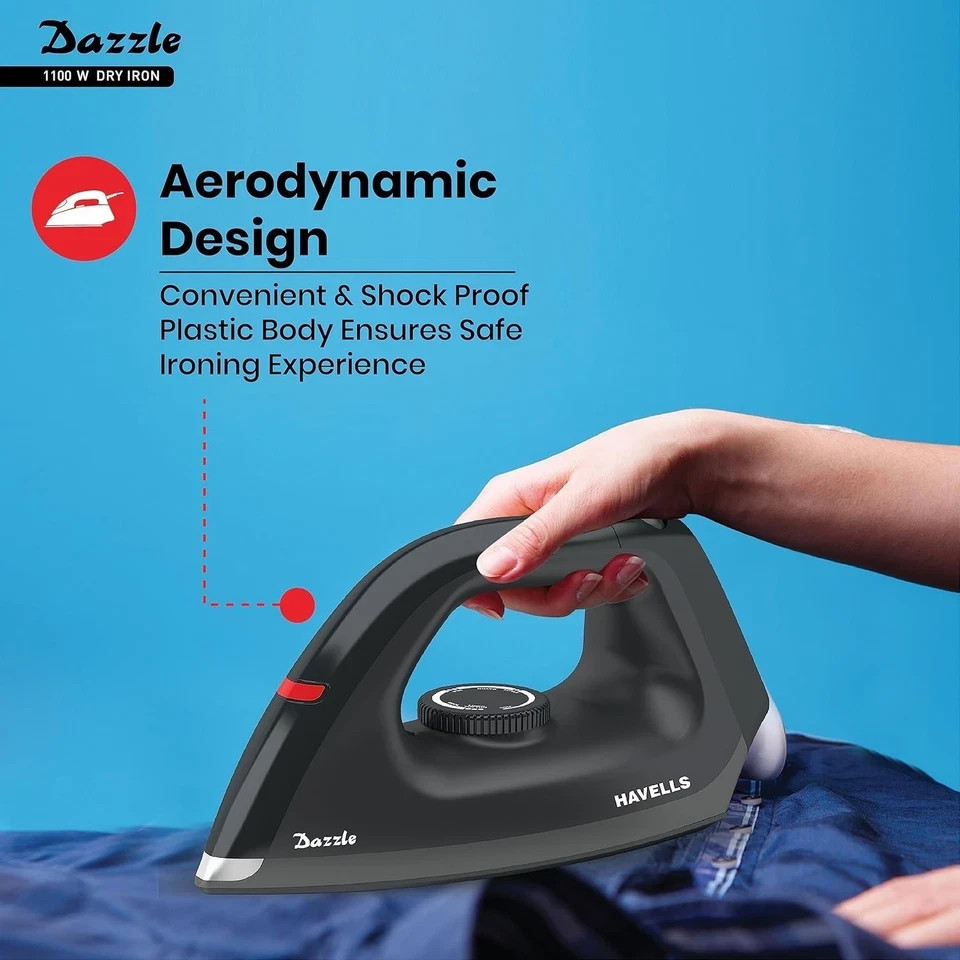 Havells Dry Iron Dazzle 1100 Watts, Iron Press, Greblon Non Sick Soleplate 220V