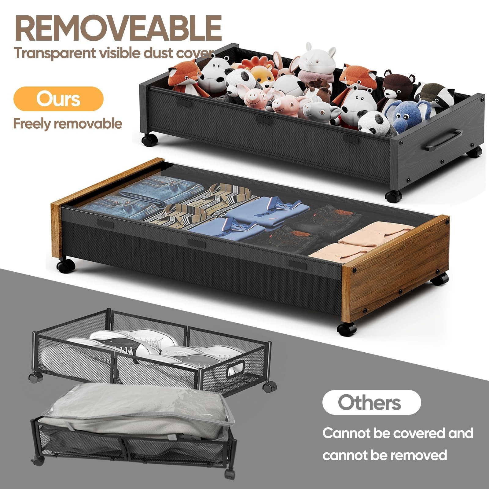 KITHELP Wooden Under Bed Storage with Wheels 80L 2 Pack Removable Lid
