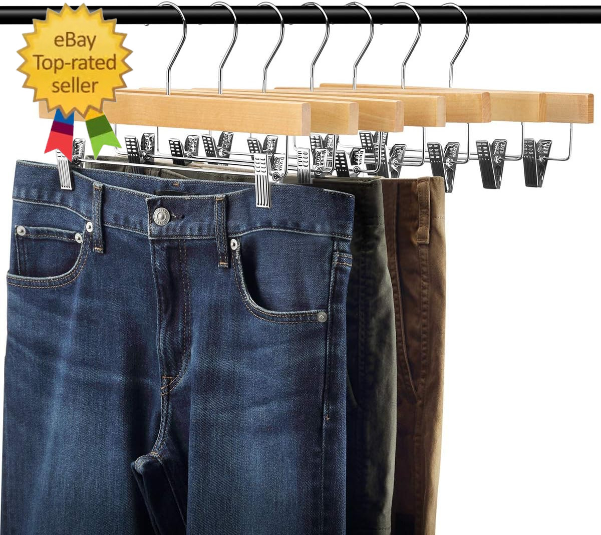 20Pcs Wooden Pants Hangers Solid Pants Hanger with Adjustable Clips 14 Inch Natu