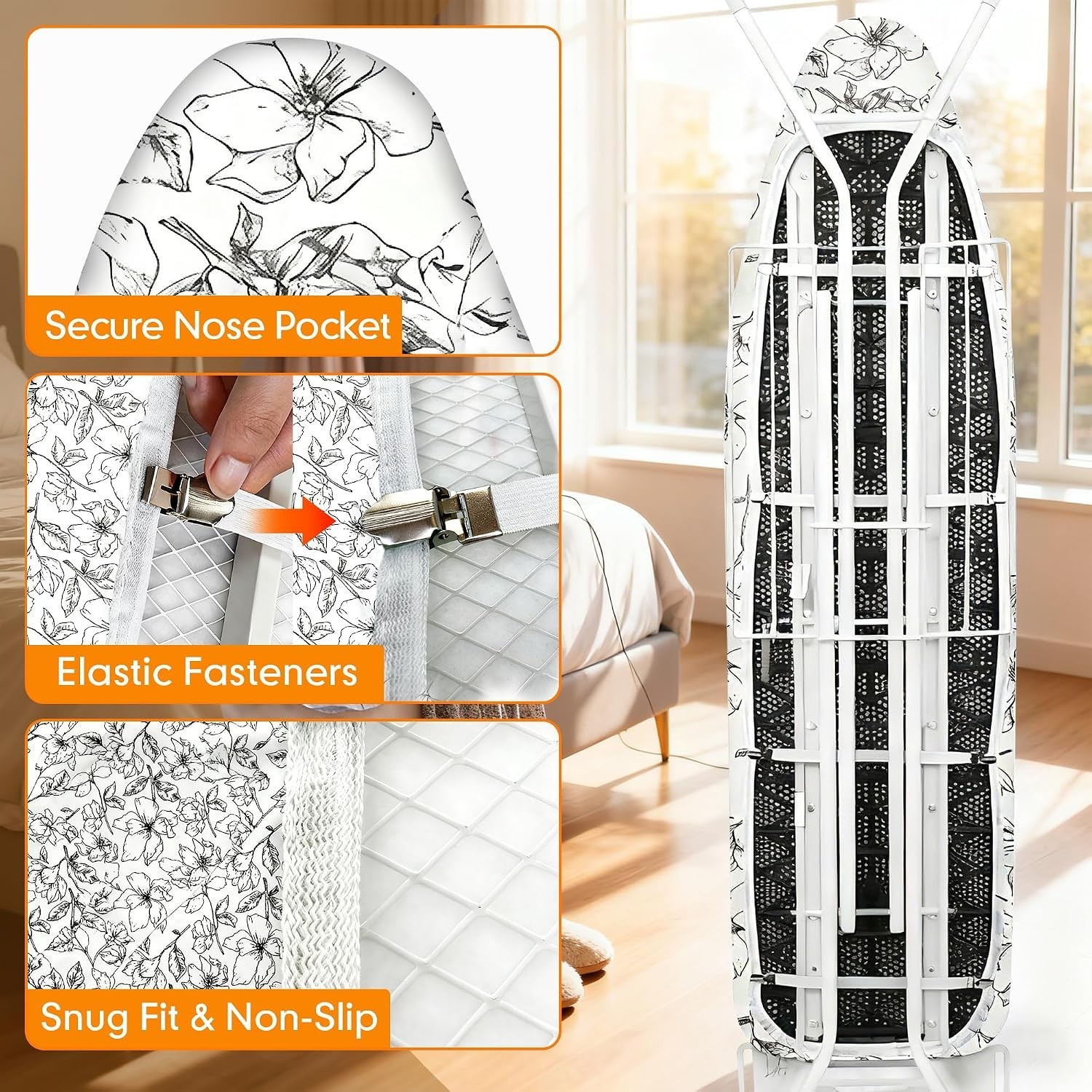 Floral White 21″ x 57″ Scorch-Resistant Ironing Board Cover & Extra Thick Pad