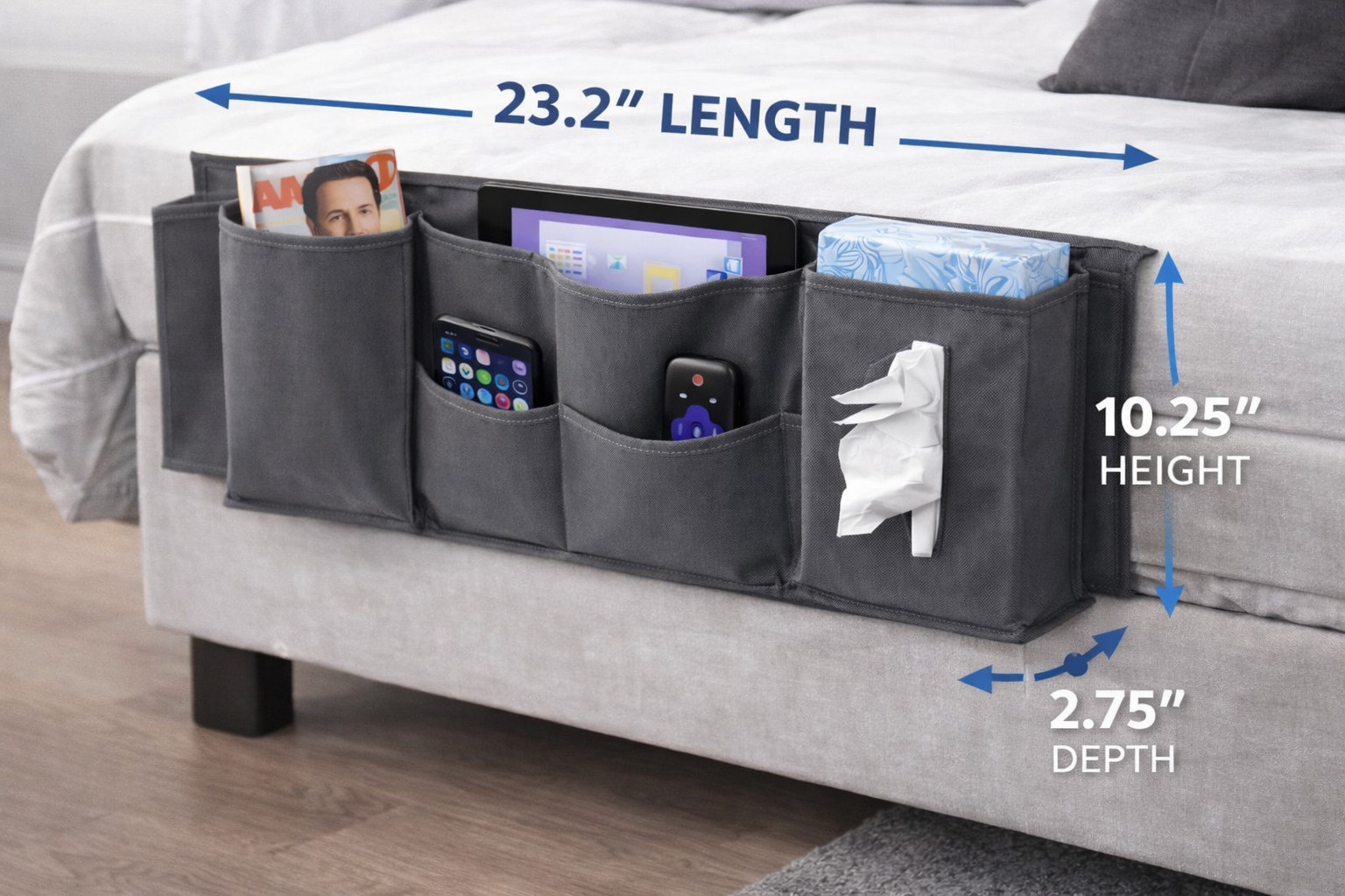 Bedside Couch Caddy Organizer 5 Pocket Hanging Storage Pouch for Bed Sofa Gray