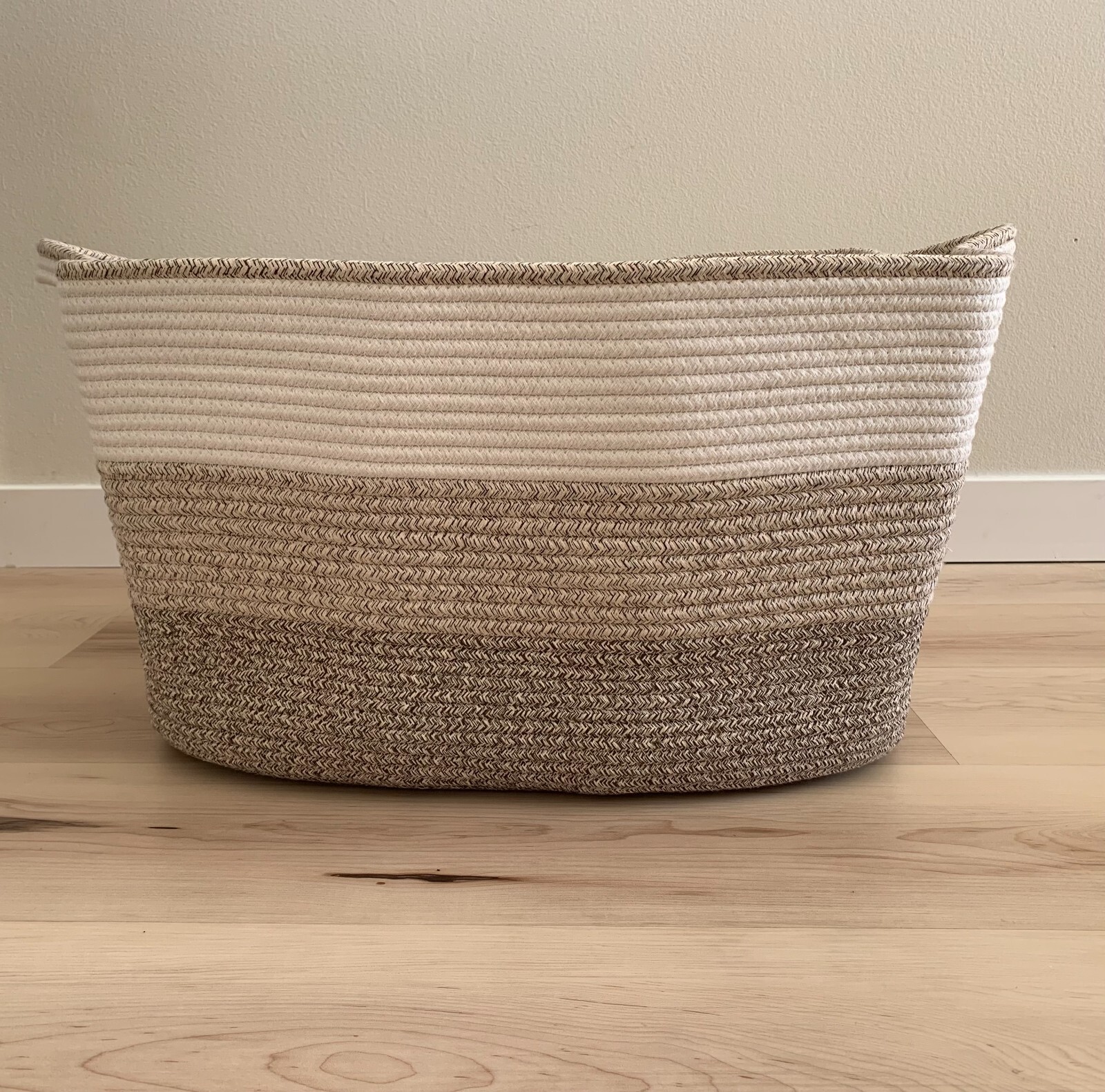Large tan & white cotton rope basket, blanket basket, storage basket, laundry
