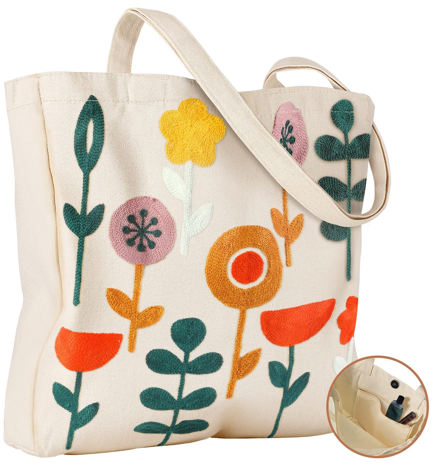 Floral Embroidery Canvas Tote Bag with Pocket, Plants Flower