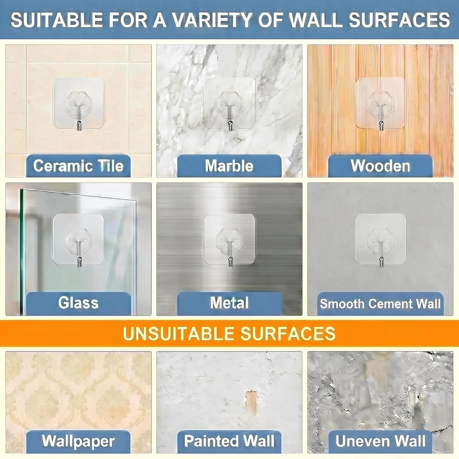Wall Hooks 33 Lbs Max Heavy Duty Hooks for Hanging | 10 Pack Transparent Seamles