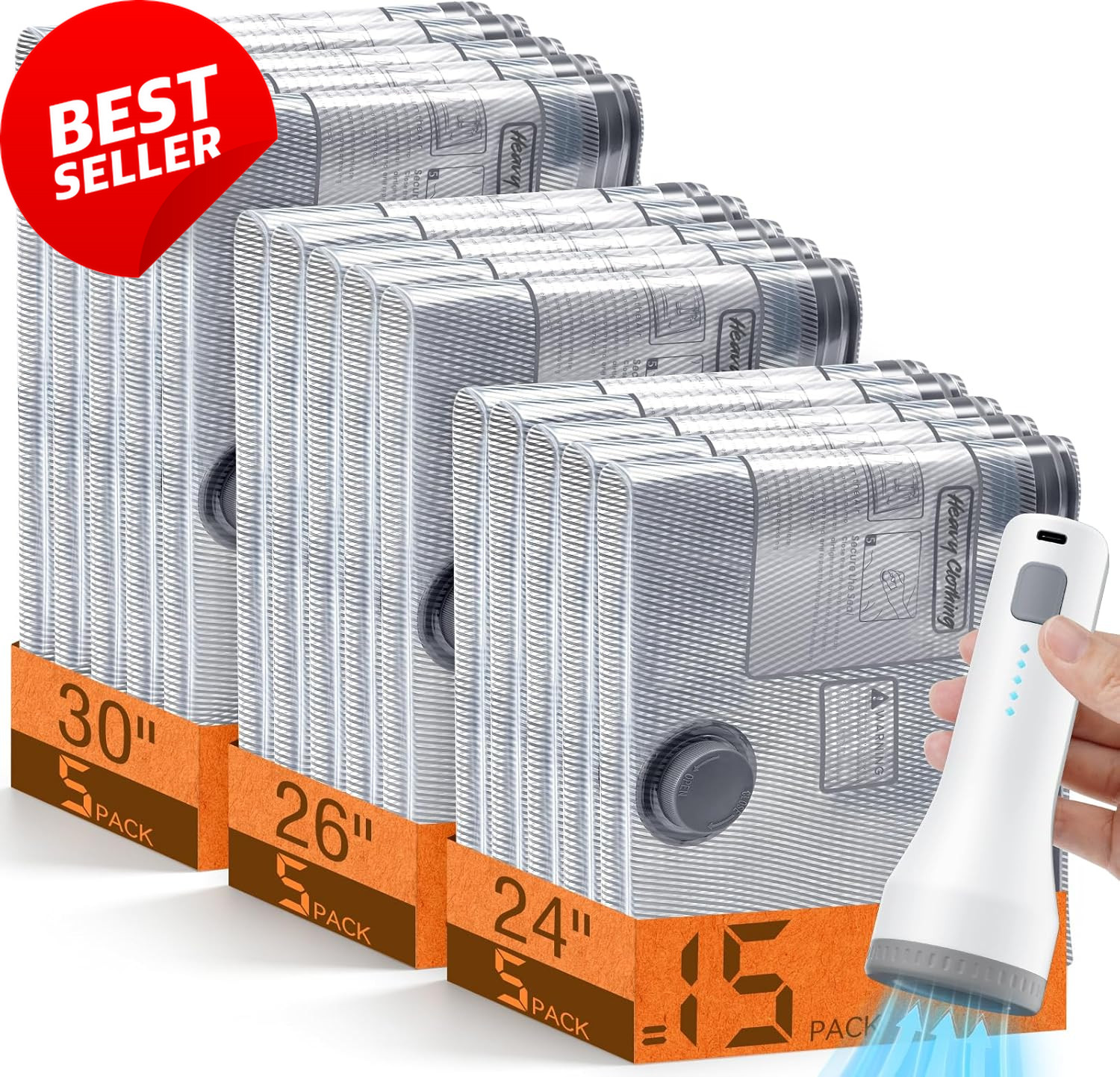 15 Pack Vacuum Storage Bags w Cordless Pump Travel Compression Bags