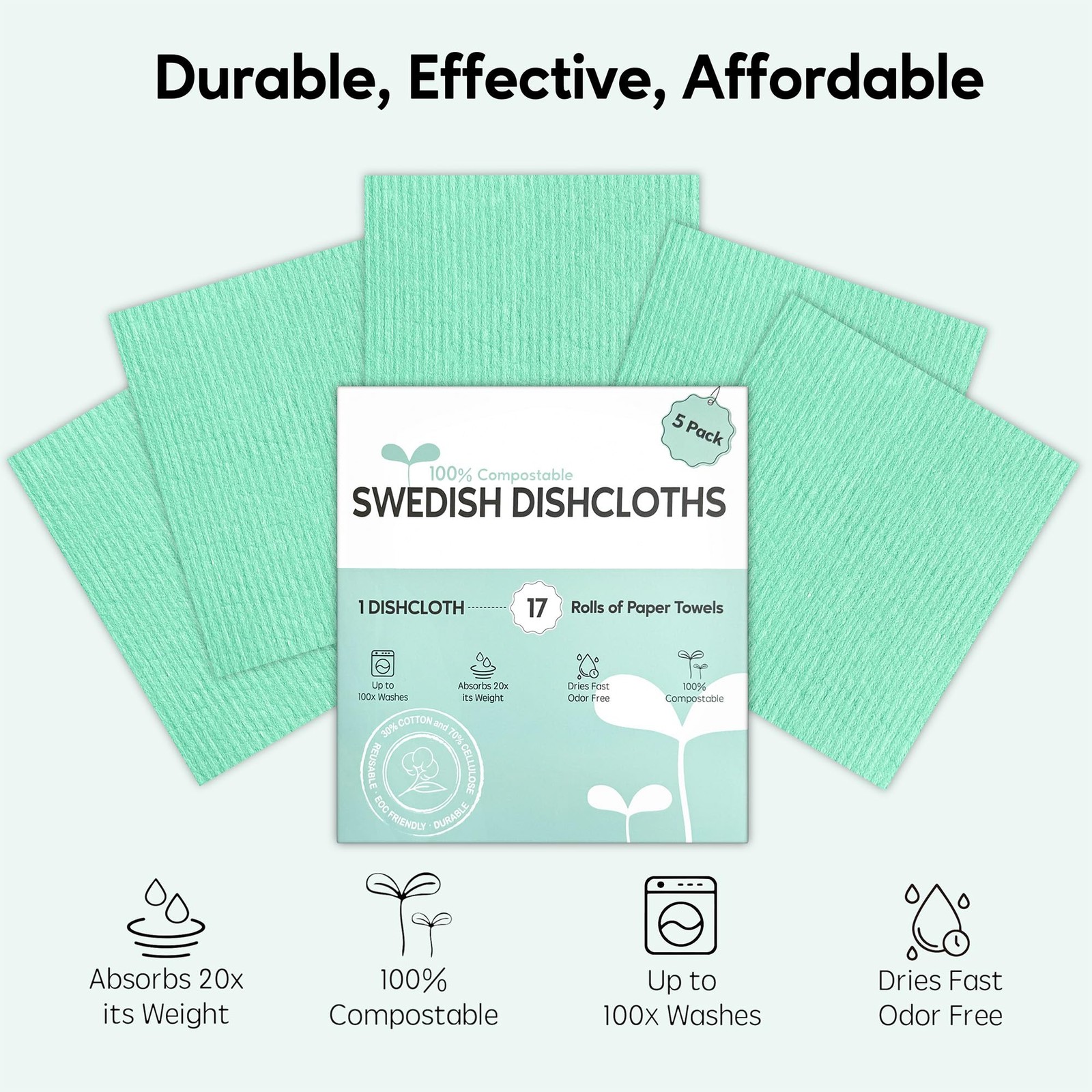 Auggee Swedish Dishcloths for Kitchen, 5 Pack 7 inches x 8 inches, Mint Green