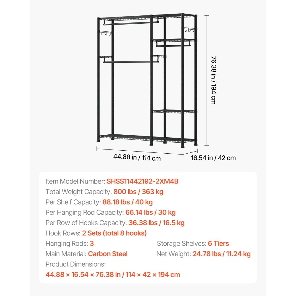 6 Adjustable Tiers Steel Frame Garment Rack, 800 lbs Load Capacity