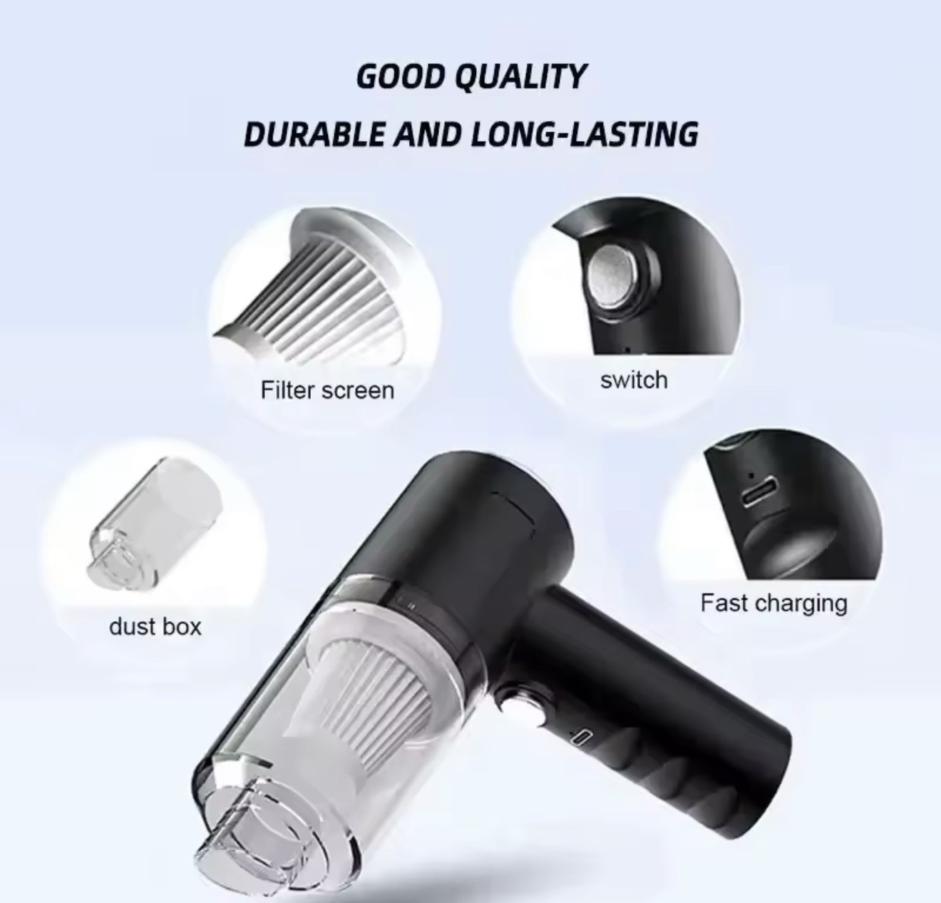 3-in-1 Cordless Car Vacuum Cleaner USB Rechargeable Handheld Air Blower -Black